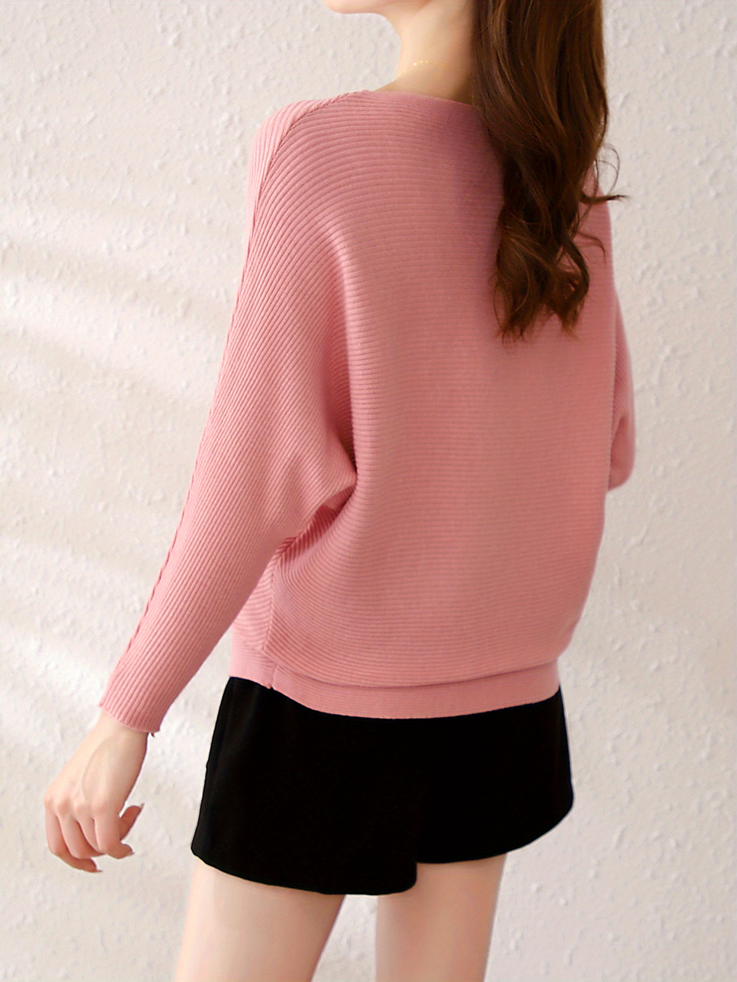 solid batwing sleeve knit sweater casual boat neck sweater for spring fall womens clothing details 2