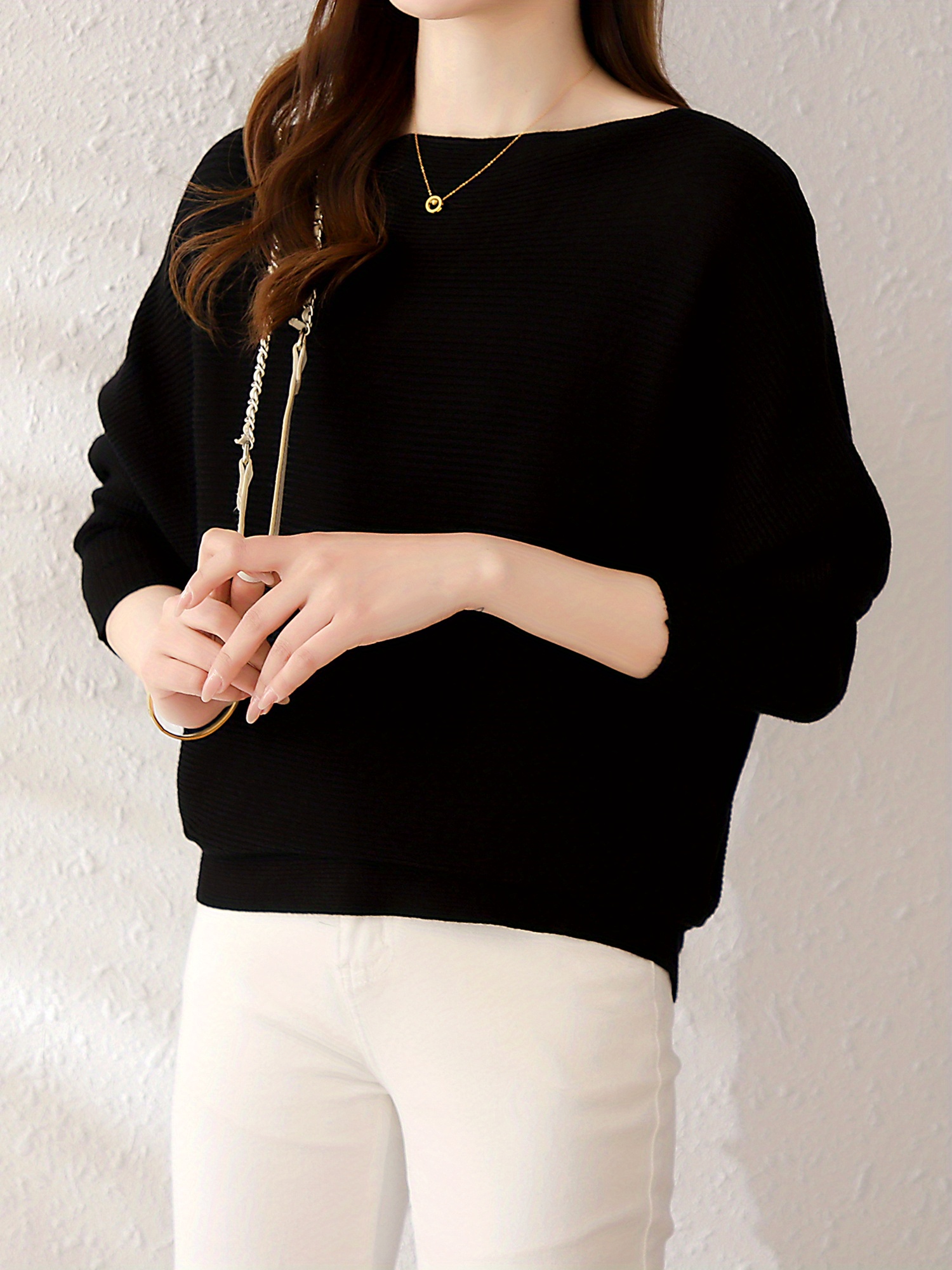 solid batwing sleeve knit sweater casual boat neck sweater for spring fall womens clothing details 12