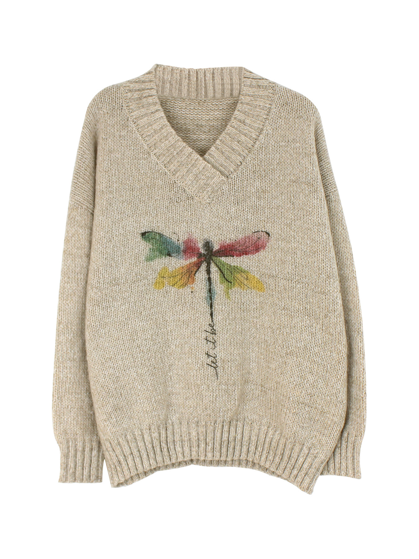 dragonfly pattern v neck pullover sweater casual long sleeve sweater for spring fall womens clothing details 1