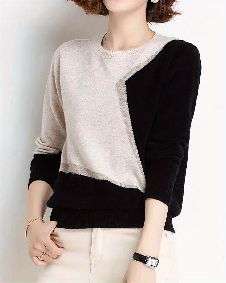 color block knitted sweater long sleeve crew neck casual sweater for spring fall womens clothing details 0