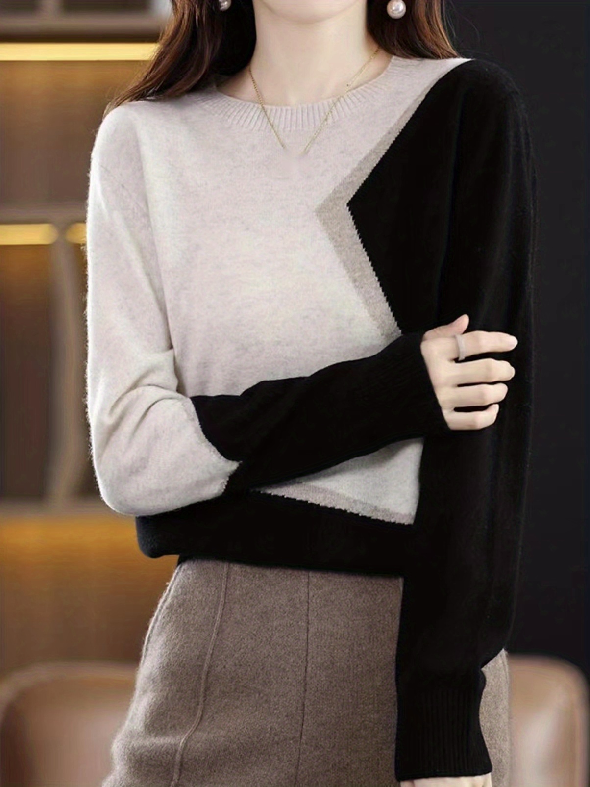 color block knitted sweater long sleeve crew neck casual sweater for spring fall womens clothing details 1
