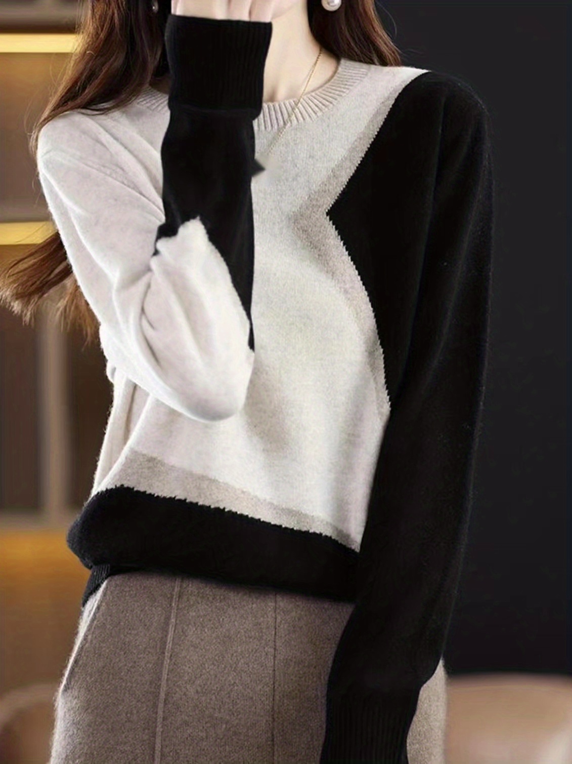 color block knitted sweater long sleeve crew neck casual sweater for spring fall womens clothing details 2