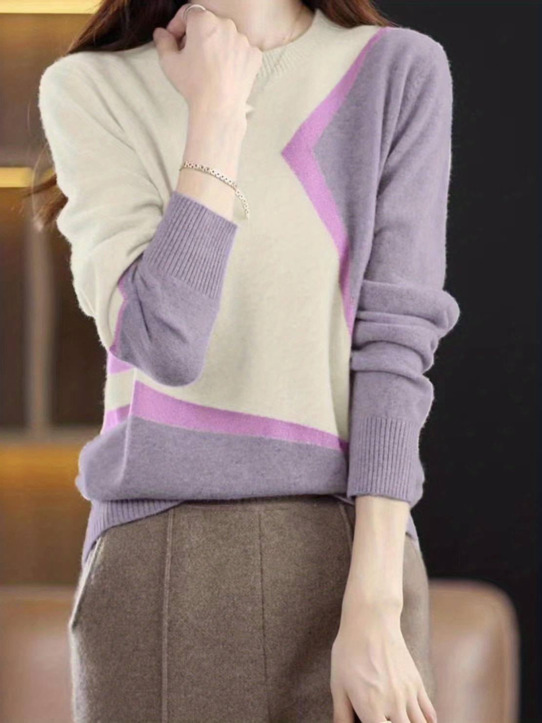 color block knitted sweater long sleeve crew neck casual sweater for spring fall womens clothing details 7