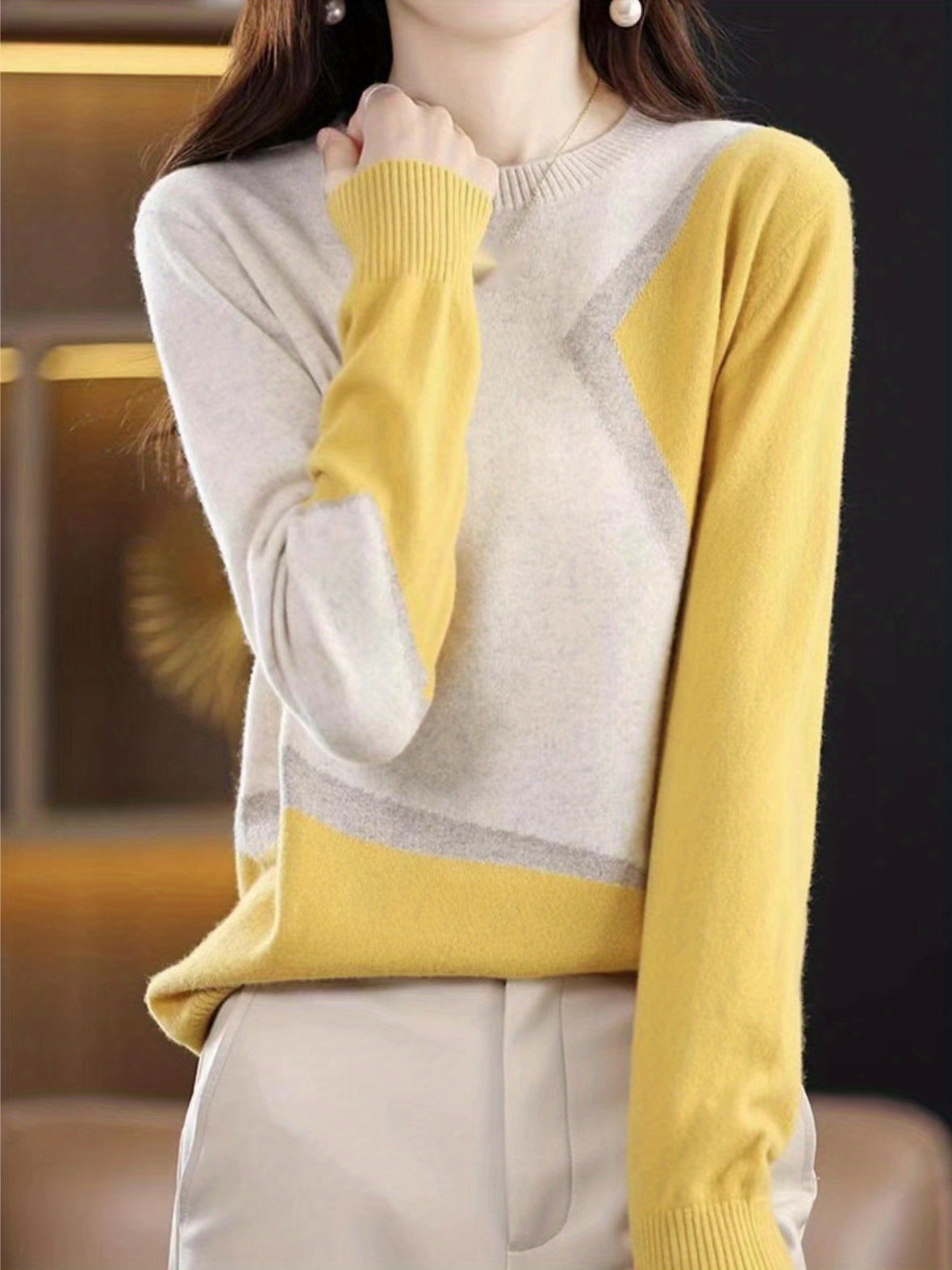 color block knitted sweater long sleeve crew neck casual sweater for spring fall womens clothing details 8