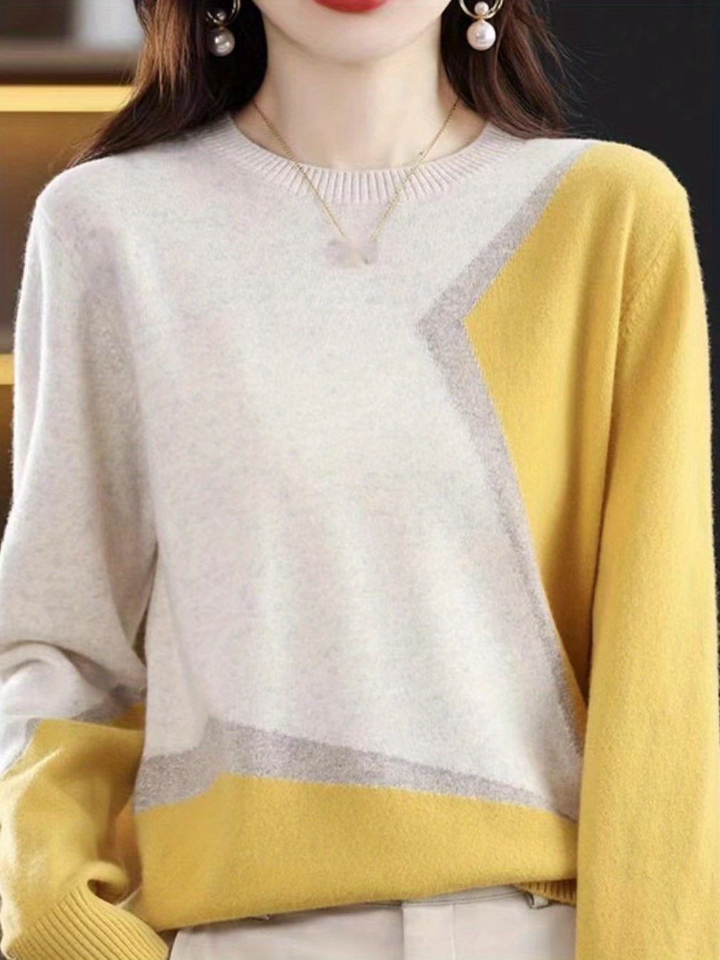color block knitted sweater long sleeve crew neck casual sweater for spring fall womens clothing details 9