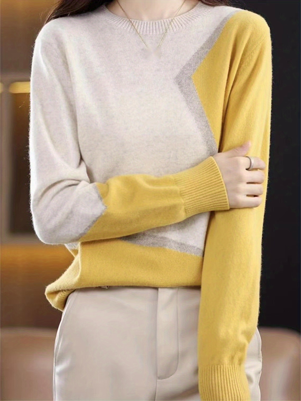 color block knitted sweater long sleeve crew neck casual sweater for spring fall womens clothing details 10