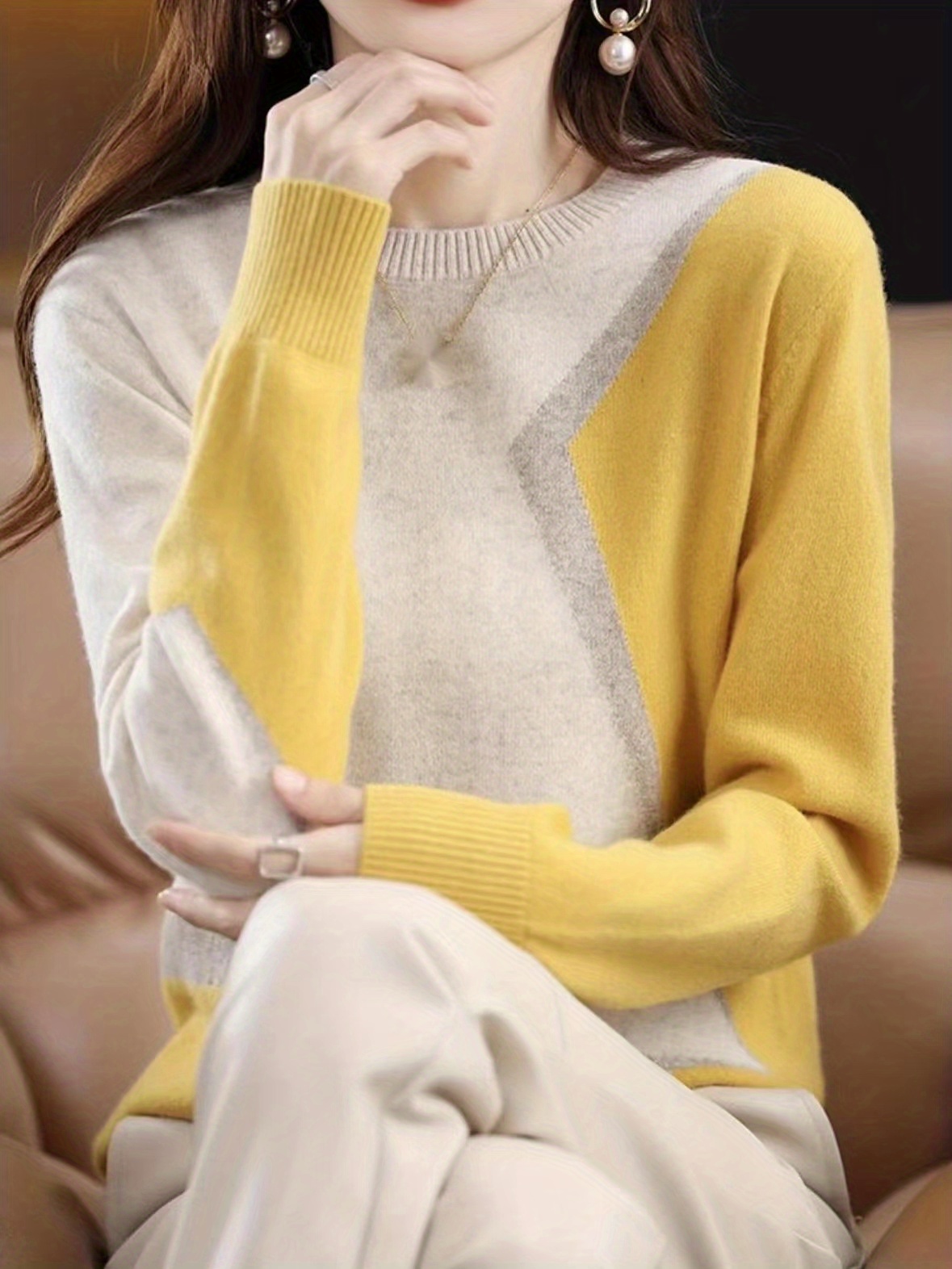 color block knitted sweater long sleeve crew neck casual sweater for spring fall womens clothing details 11