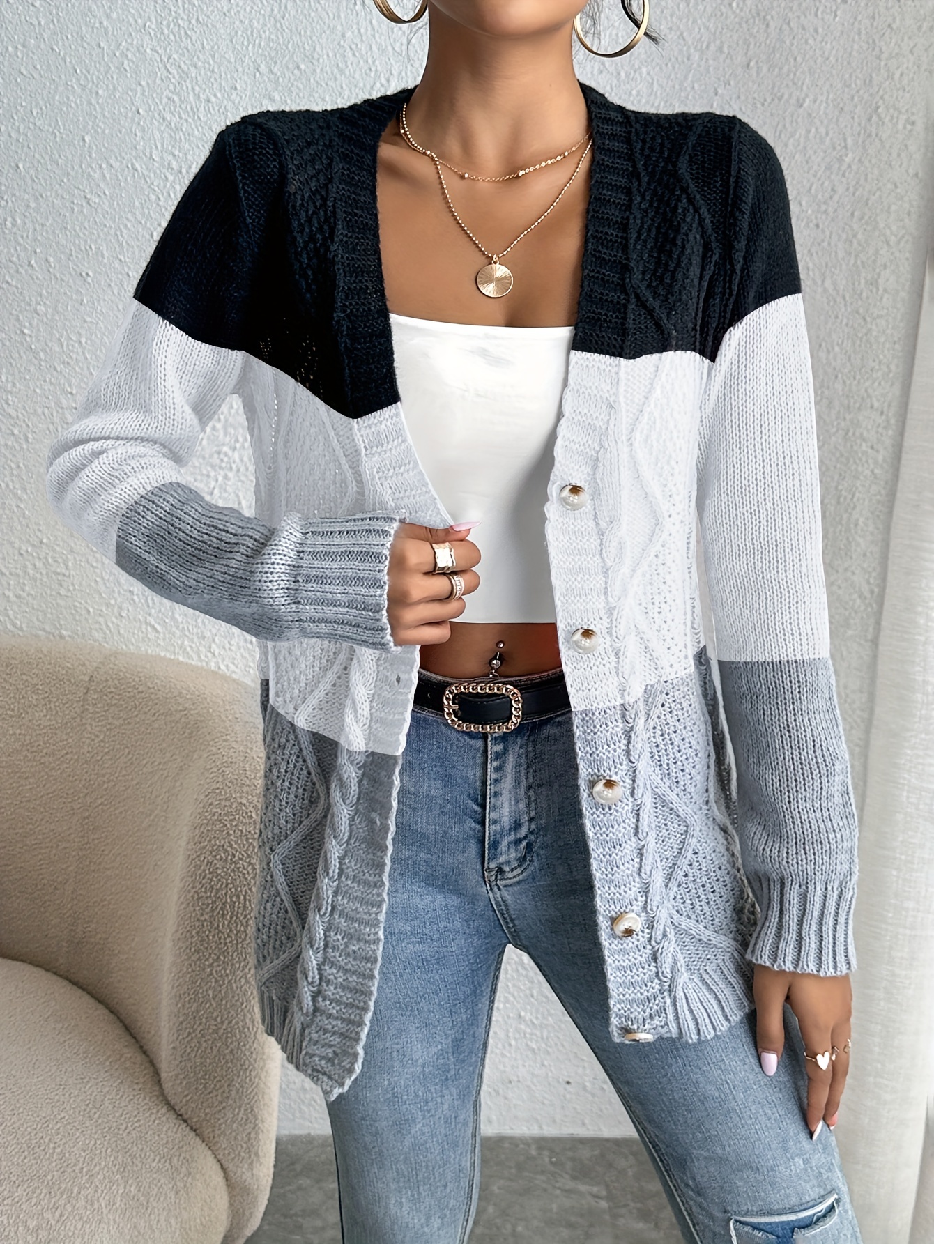 color block button front cardigan casual long sleeve cardigan for spring fall womens clothing details 0