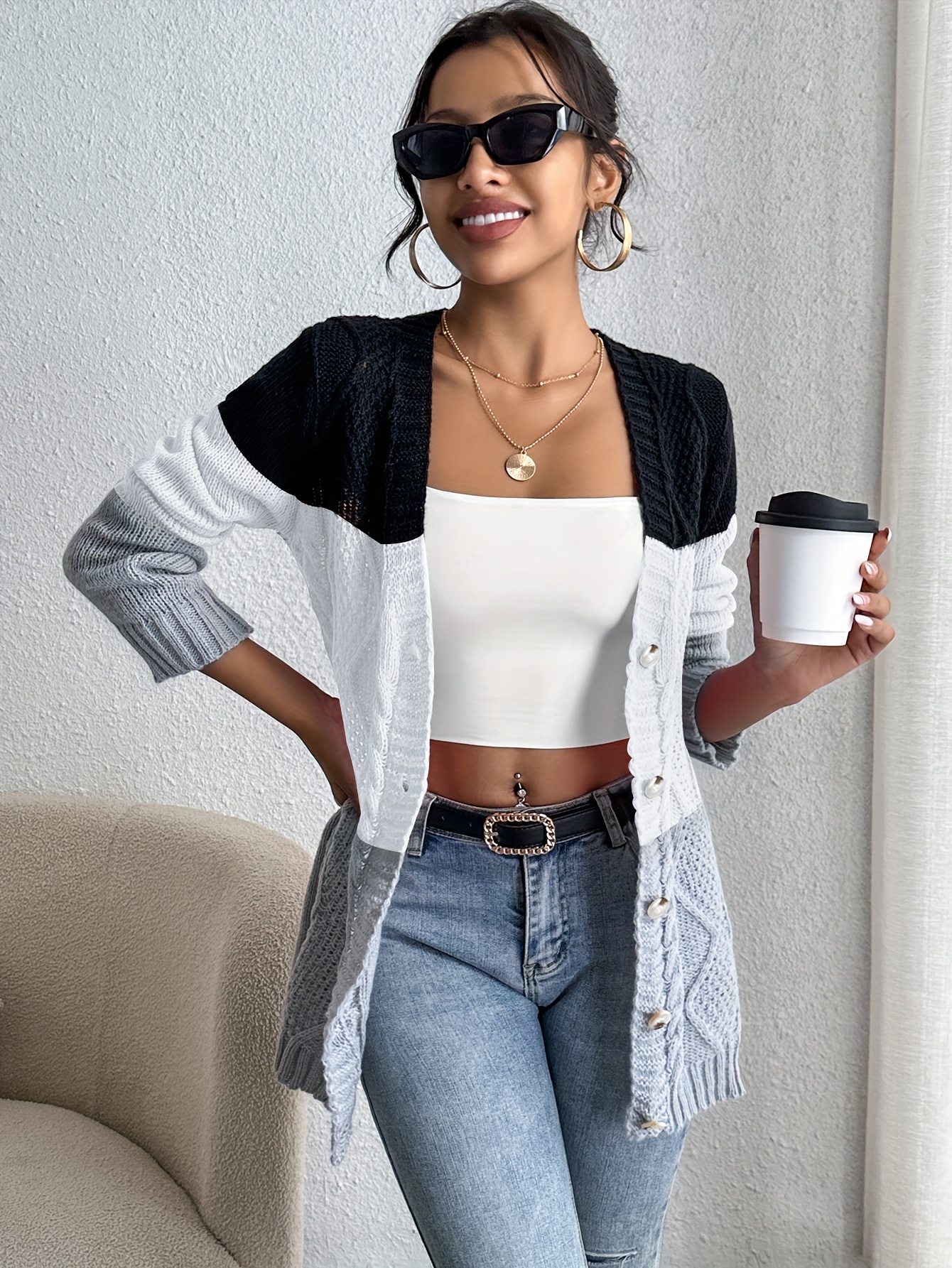 color block button front cardigan casual long sleeve cardigan for spring fall womens clothing details 1