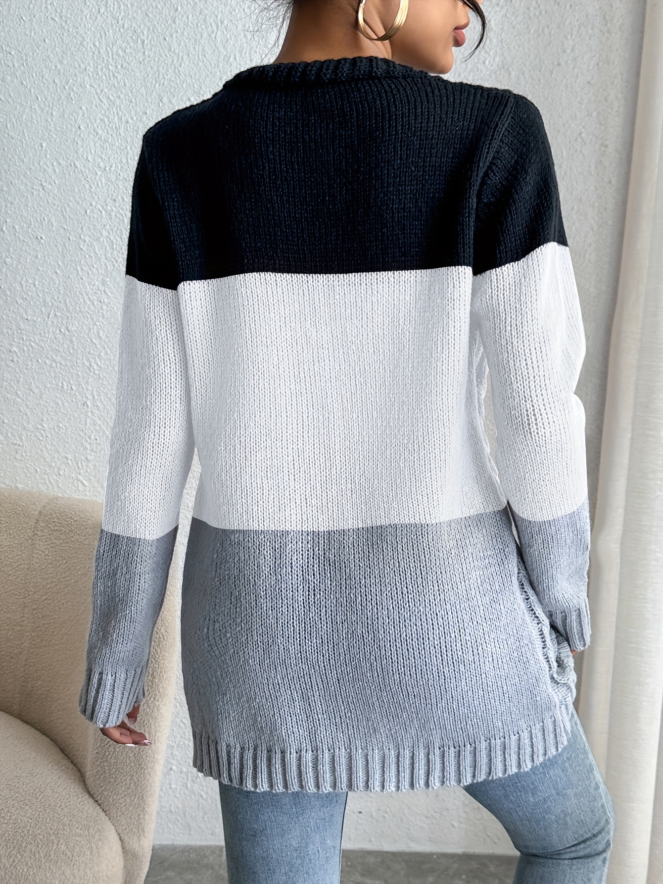 color block button front cardigan casual long sleeve cardigan for spring fall womens clothing details 2