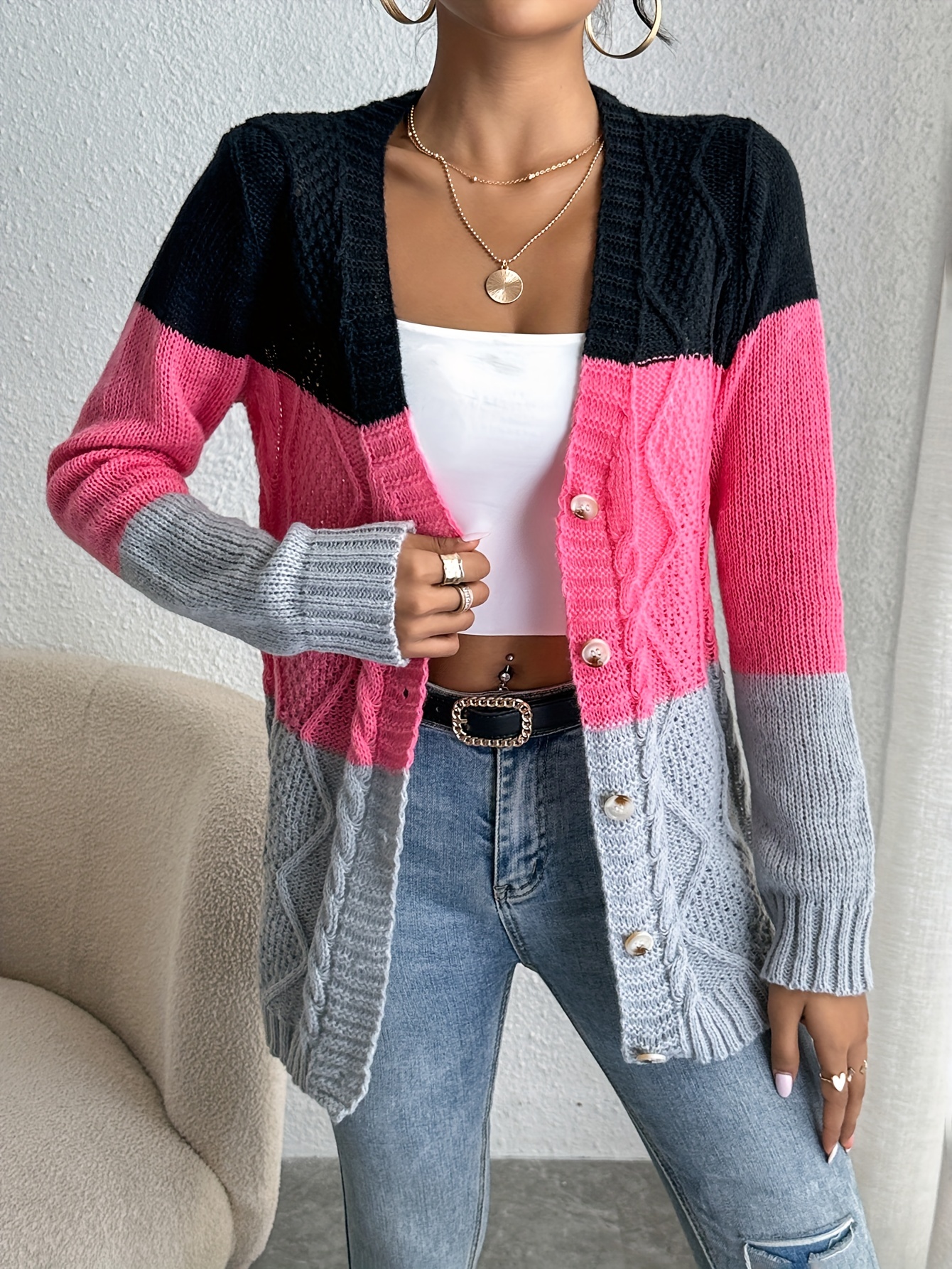 color block button front cardigan casual long sleeve cardigan for spring fall womens clothing details 6