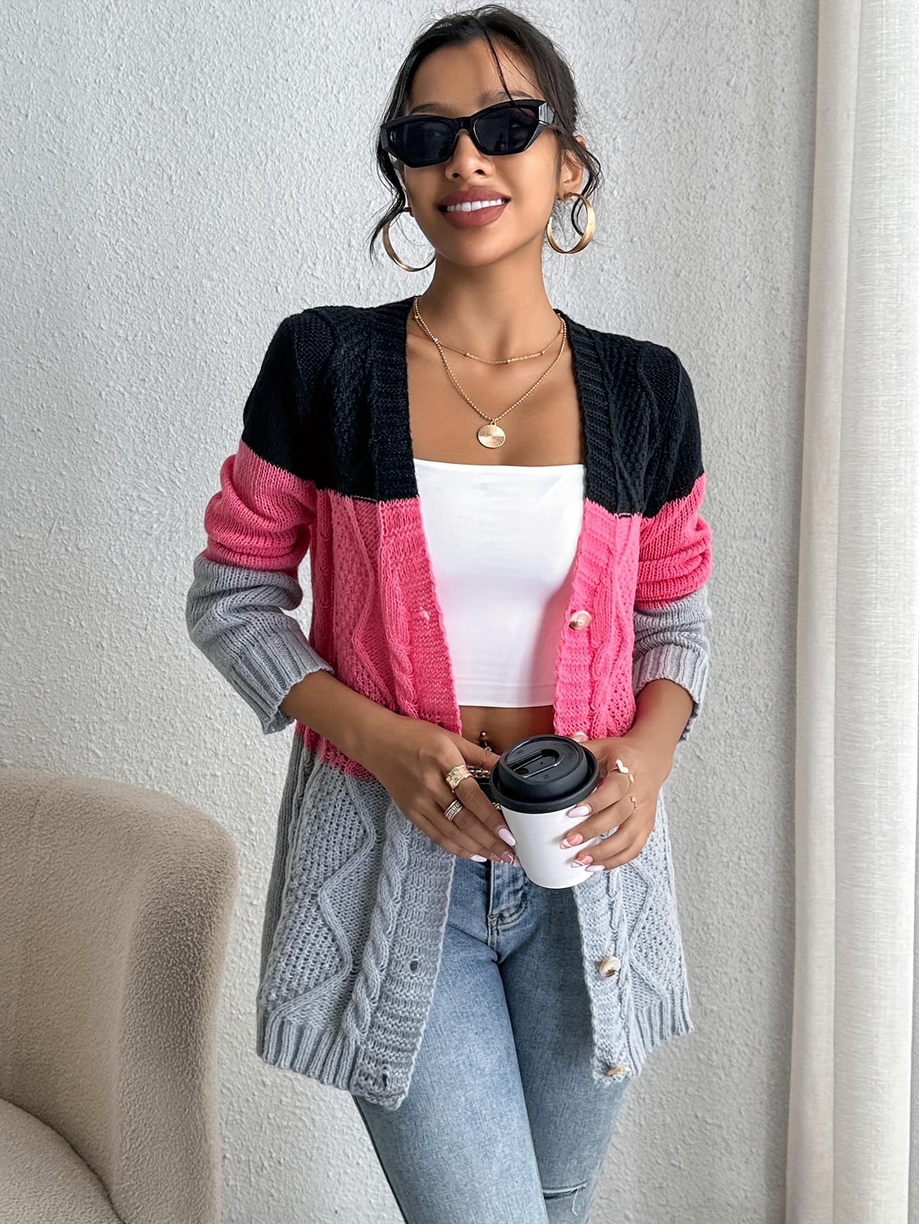 color block button front cardigan casual long sleeve cardigan for spring fall womens clothing details 7