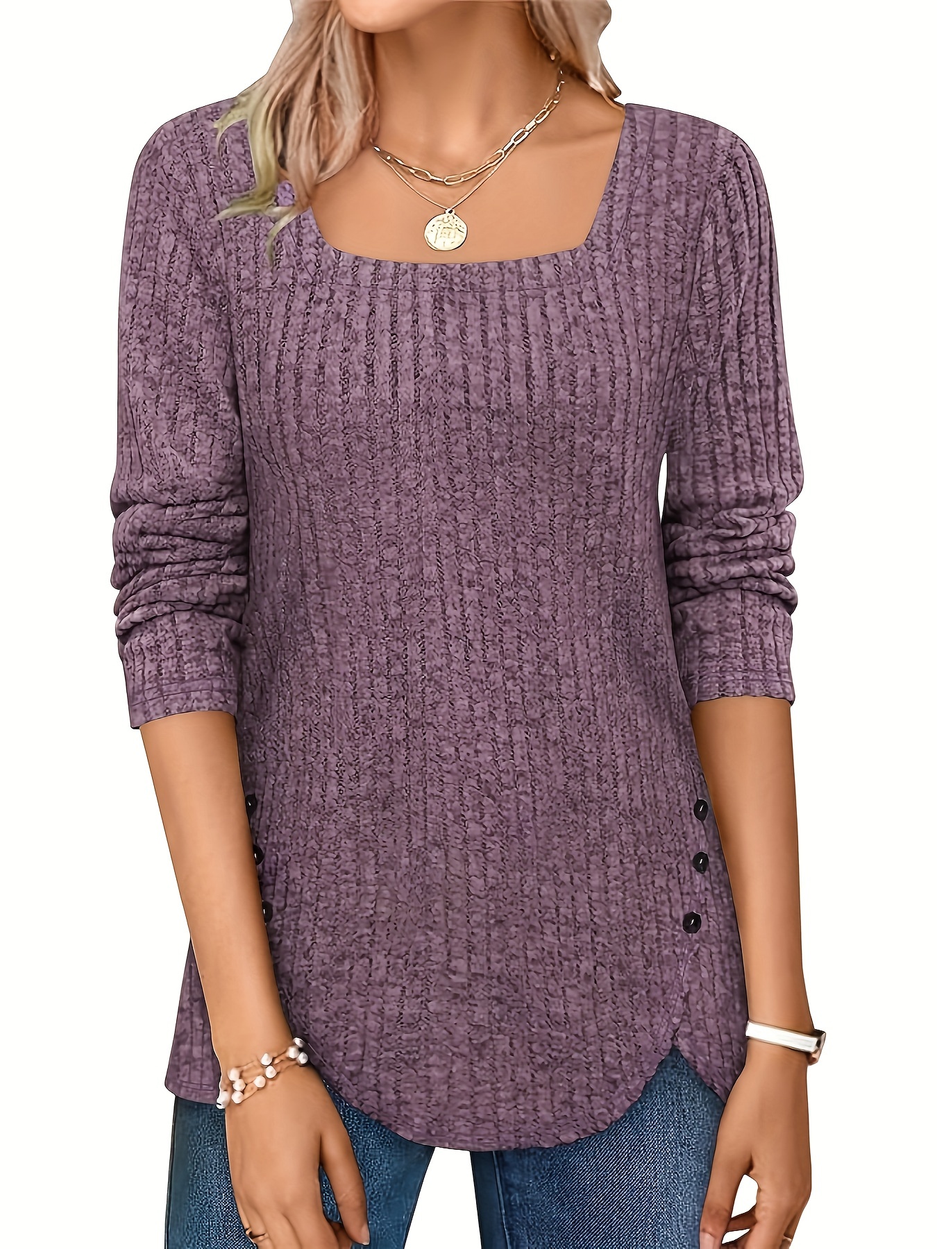 solid square neck knitted top casual long sleeve button sweater for spring fall womens clothing details 0