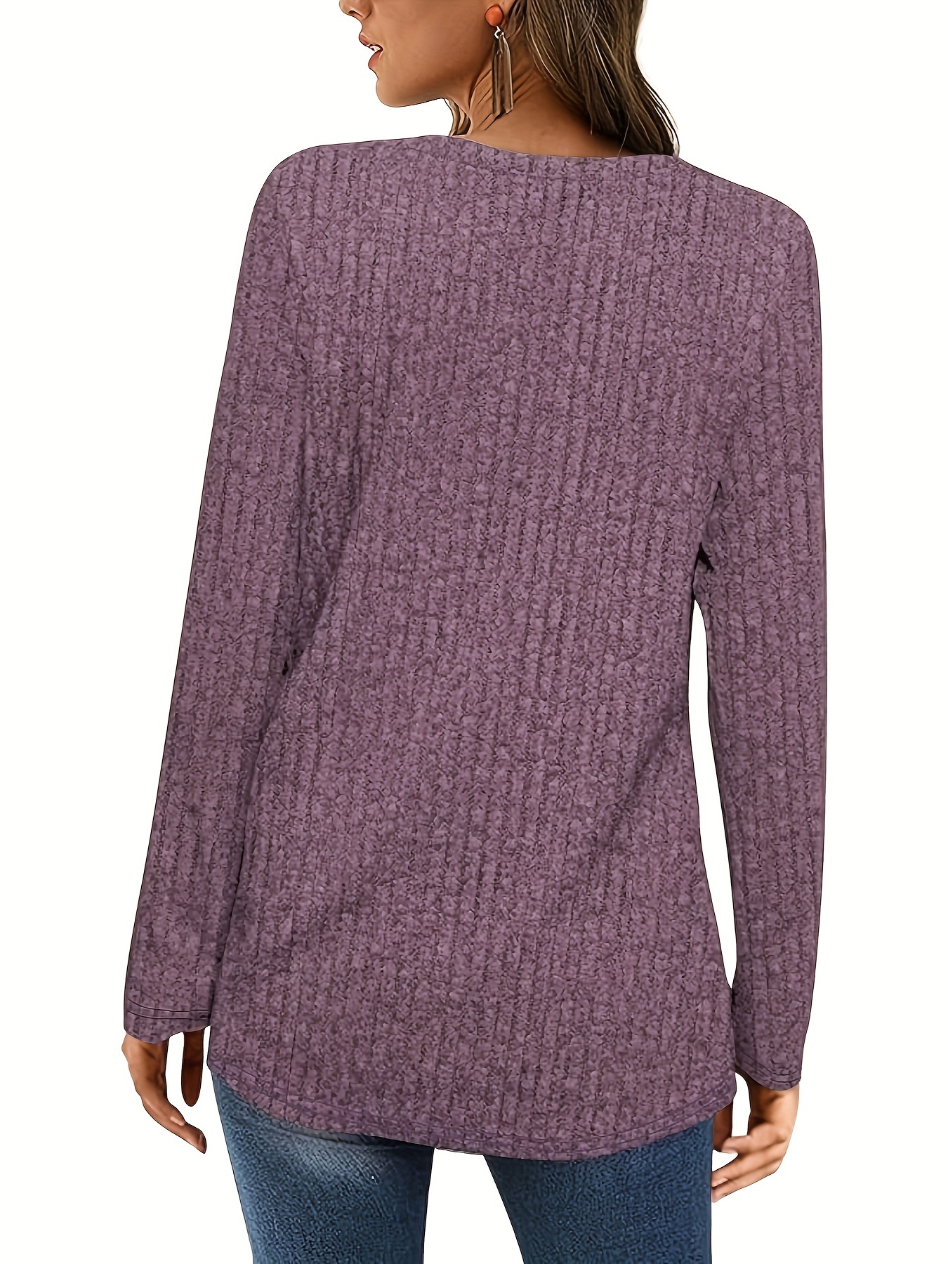 solid square neck knitted top casual long sleeve button sweater for spring fall womens clothing details 1