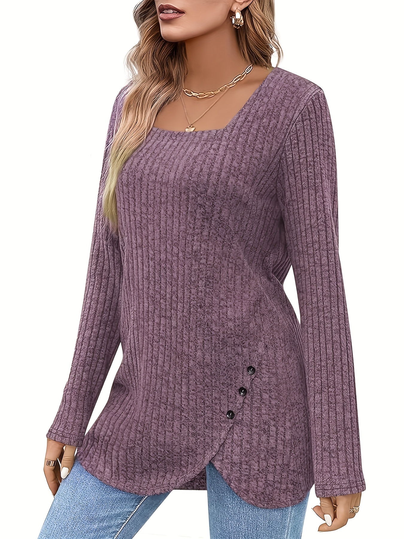 solid square neck knitted top casual long sleeve button sweater for spring fall womens clothing details 2