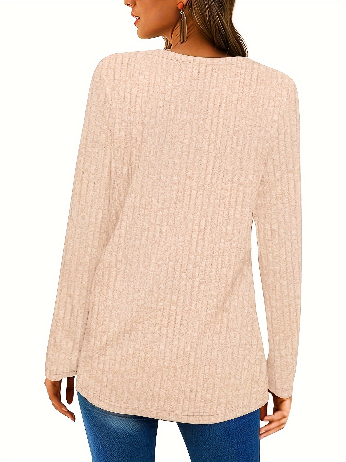 solid square neck knitted top casual long sleeve button sweater for spring fall womens clothing details 4