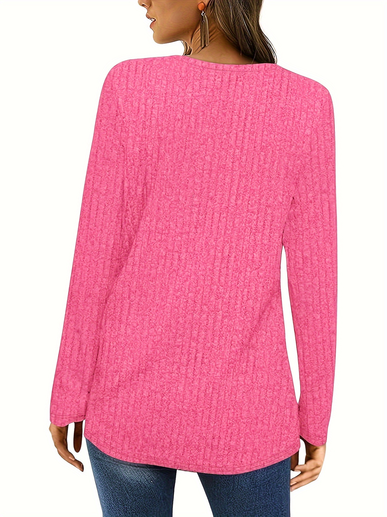 solid square neck knitted top casual long sleeve button sweater for spring fall womens clothing details 7