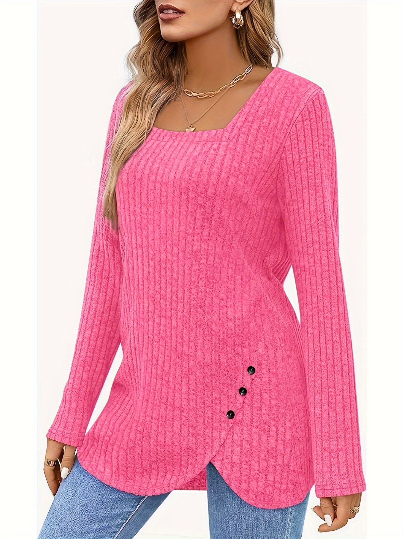 solid square neck knitted top casual long sleeve button sweater for spring fall womens clothing details 8