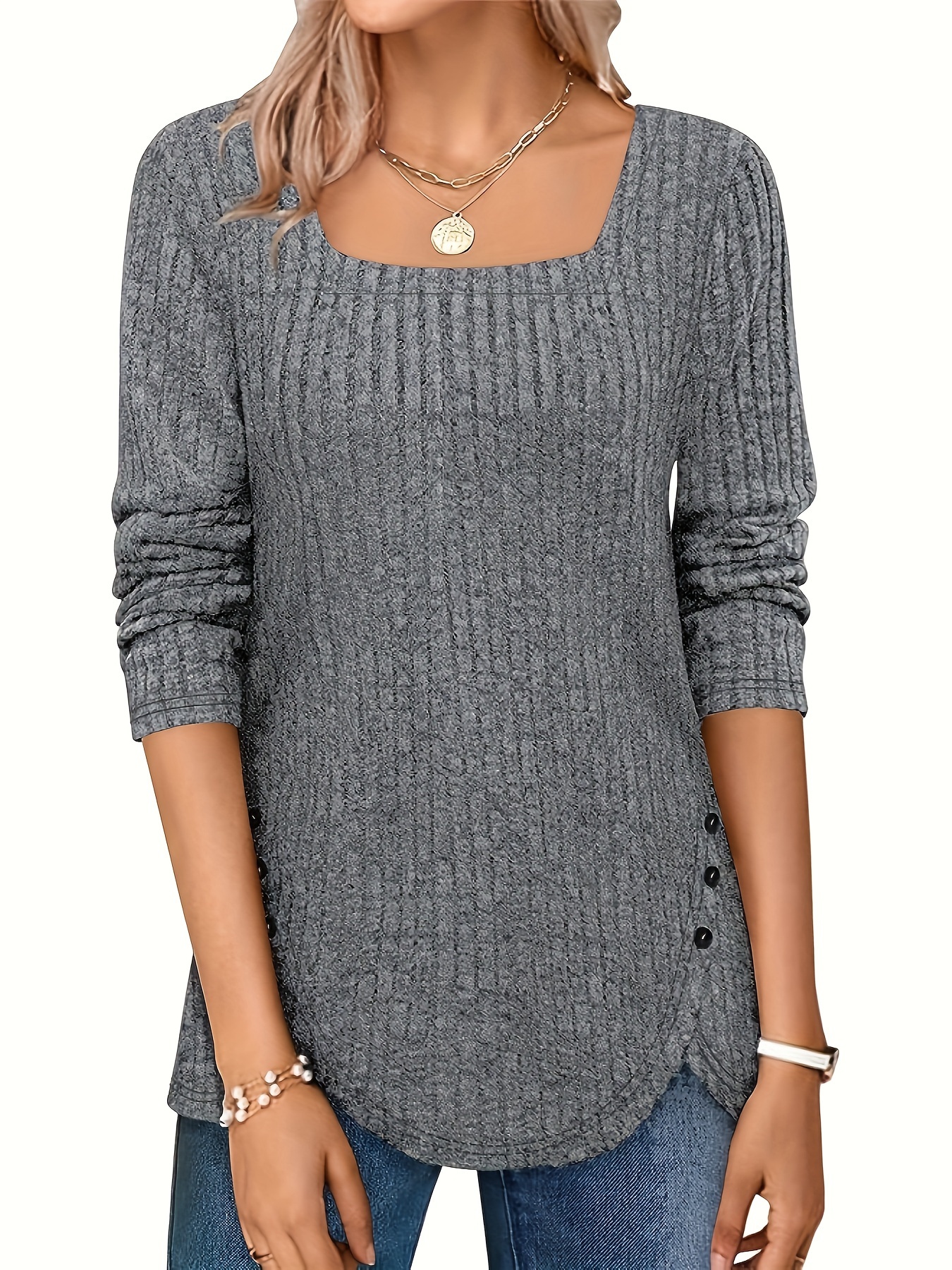 solid square neck knitted top casual long sleeve button sweater for spring fall womens clothing details 9