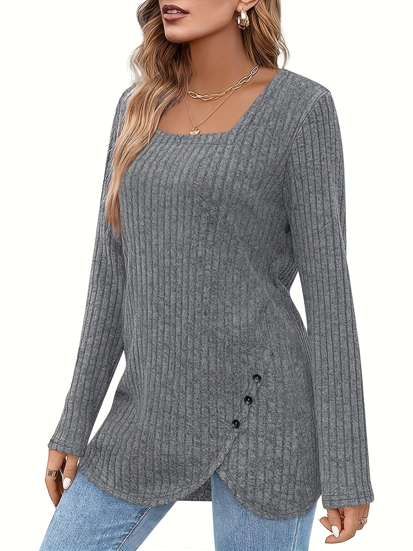 solid square neck knitted top casual long sleeve button sweater for spring fall womens clothing details 11