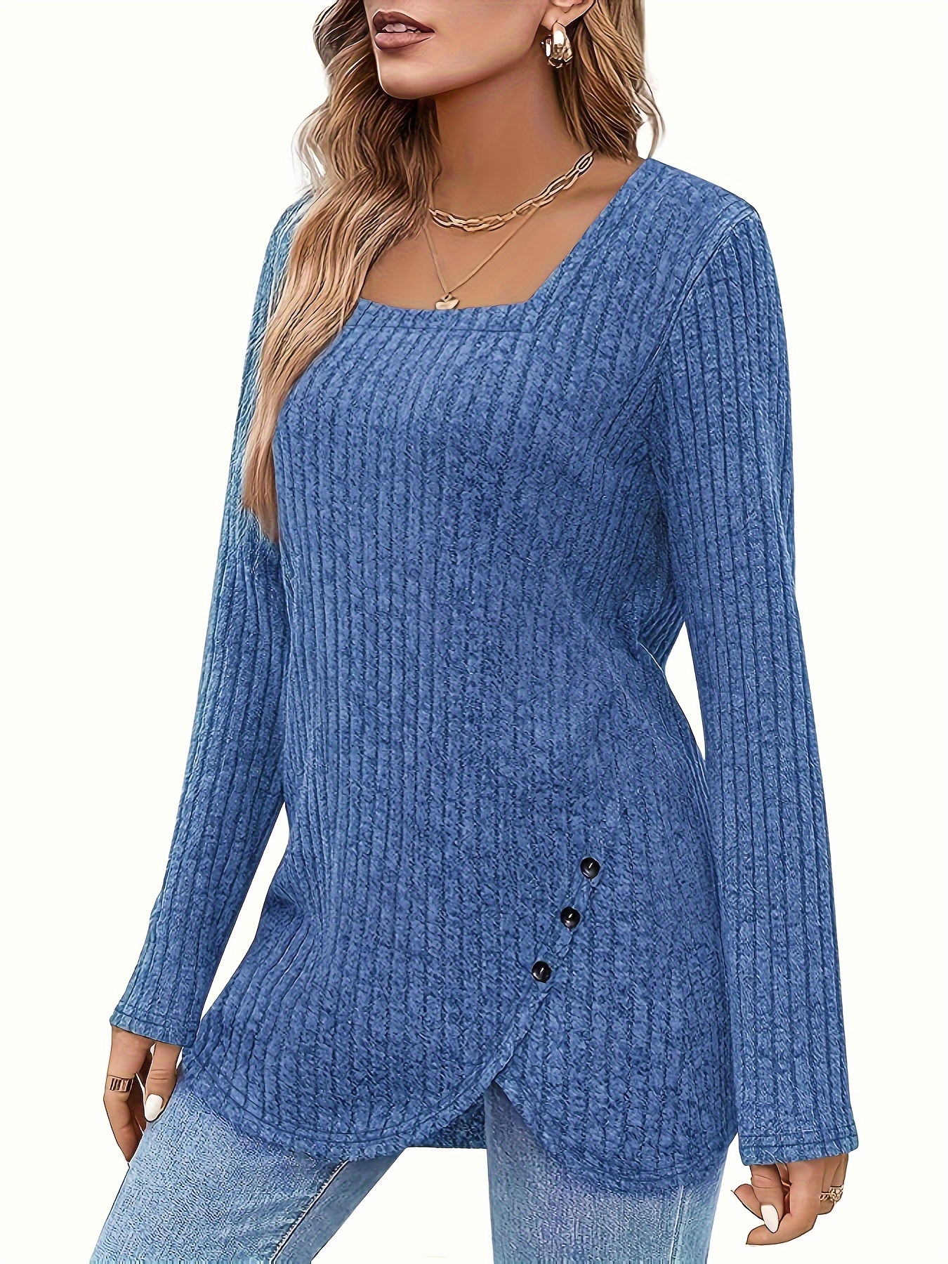 solid square neck knitted top casual long sleeve button sweater for spring fall womens clothing details 14