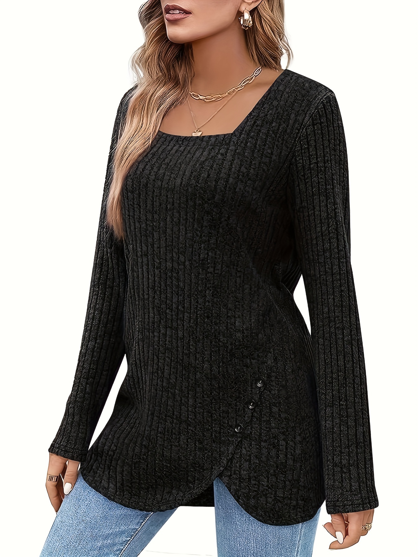 solid square neck knitted top casual long sleeve button sweater for spring fall womens clothing details 16