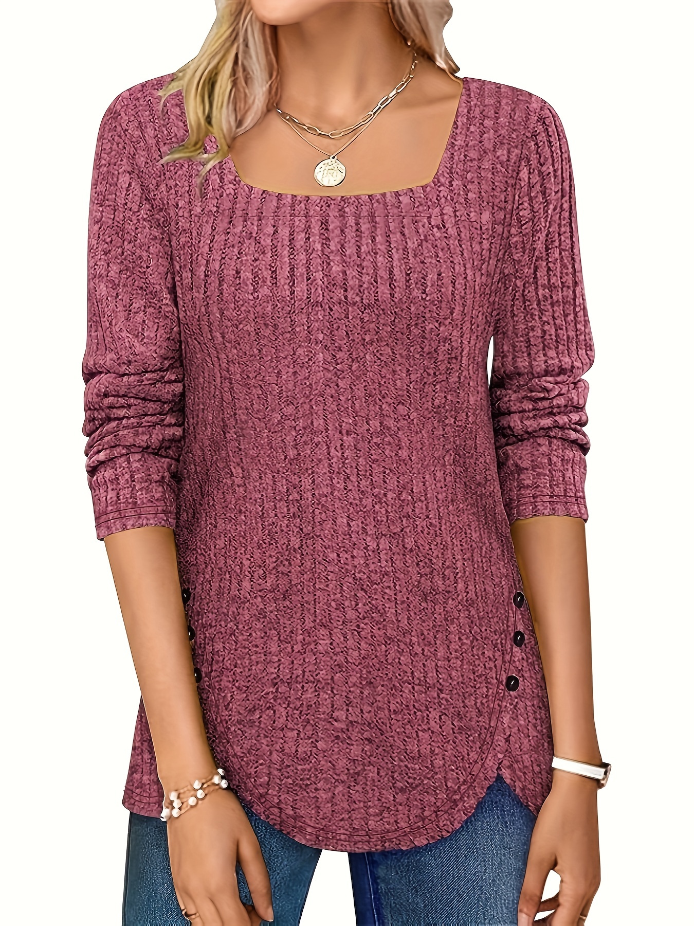 solid square neck knitted top casual long sleeve button sweater for spring fall womens clothing details 19