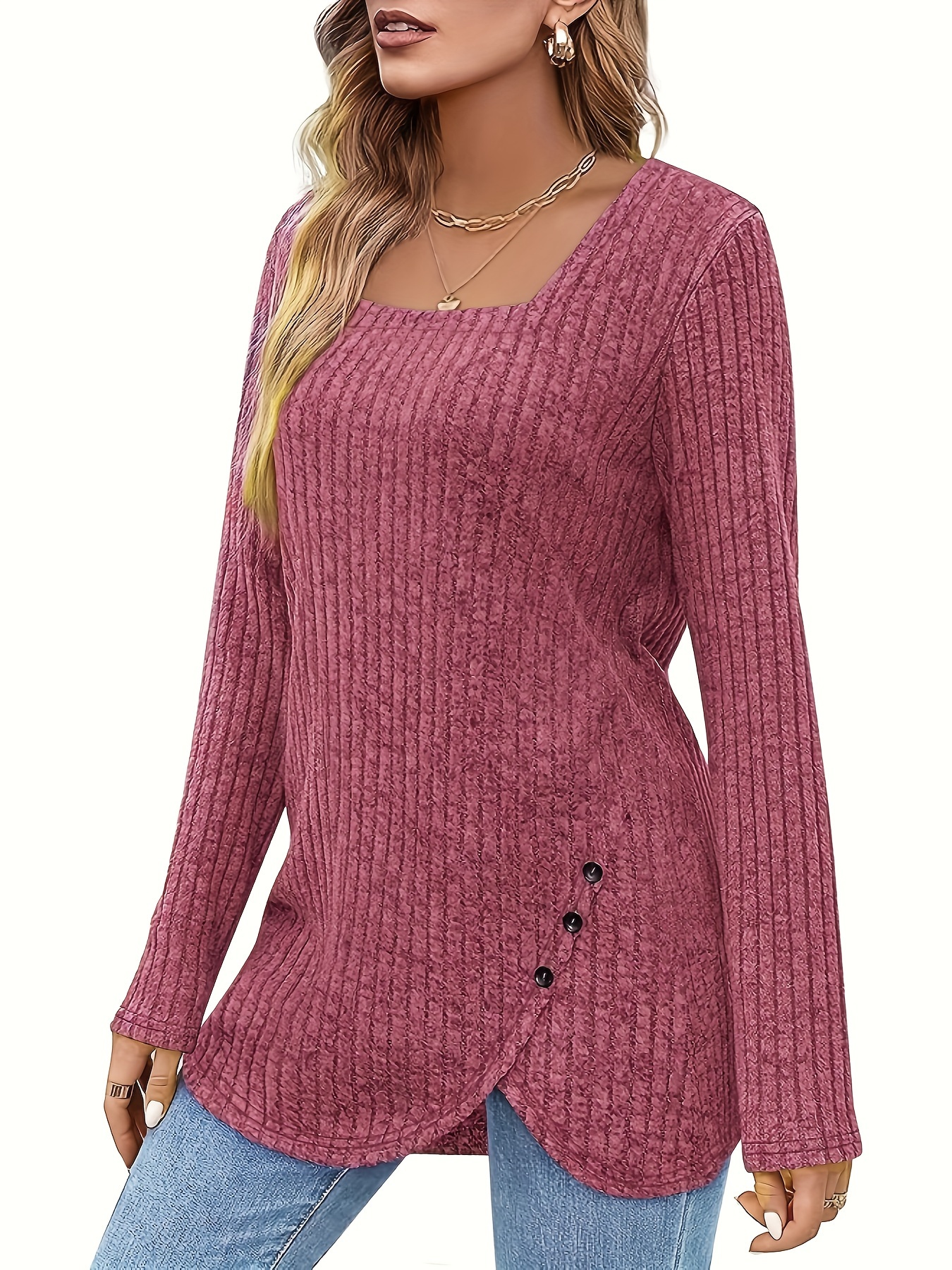 solid square neck knitted top casual long sleeve button sweater for spring fall womens clothing details 20