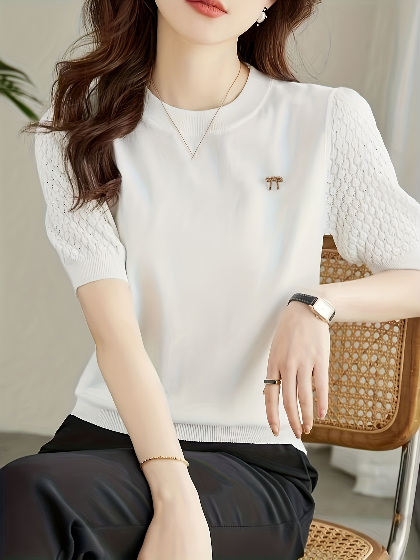 hollow out knit cardigan elegant solid crew neck short sleeve sweater womens clothing details 0