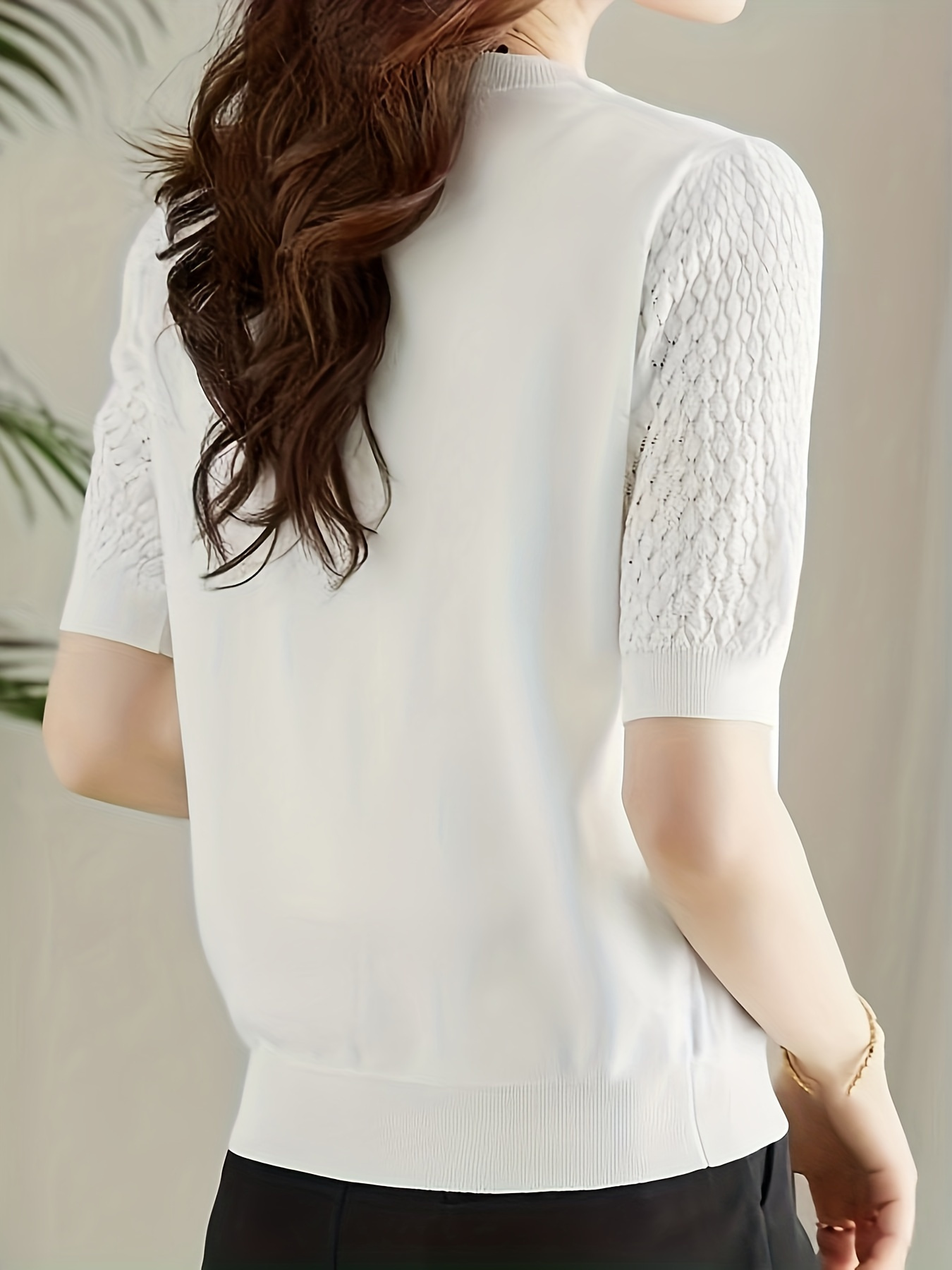 hollow out knit cardigan elegant solid crew neck short sleeve sweater womens clothing details 1