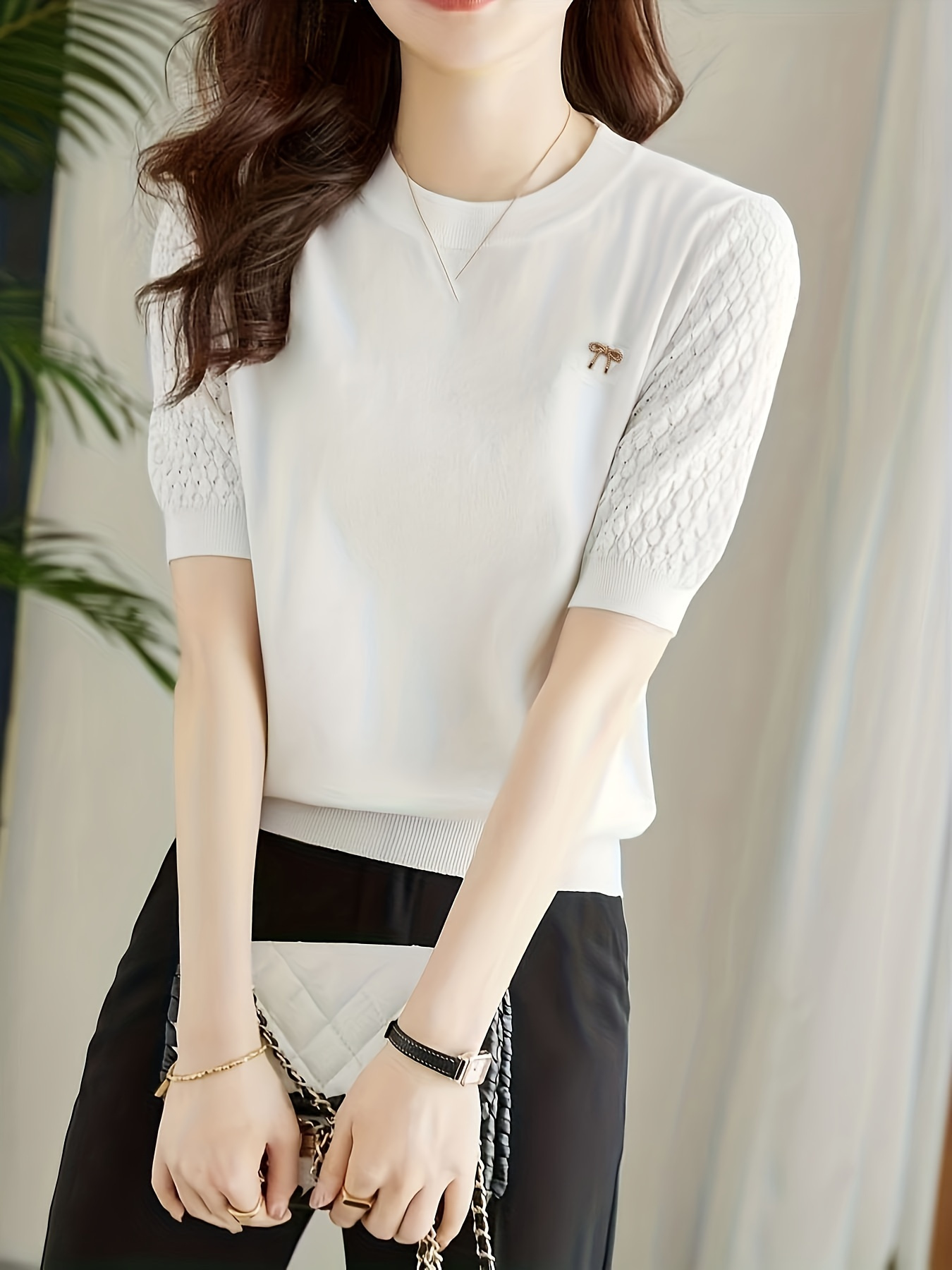 hollow out knit cardigan elegant solid crew neck short sleeve sweater womens clothing details 2
