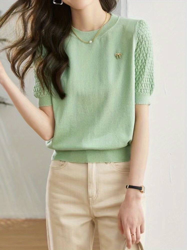 hollow out knit cardigan elegant solid crew neck short sleeve sweater womens clothing details 3