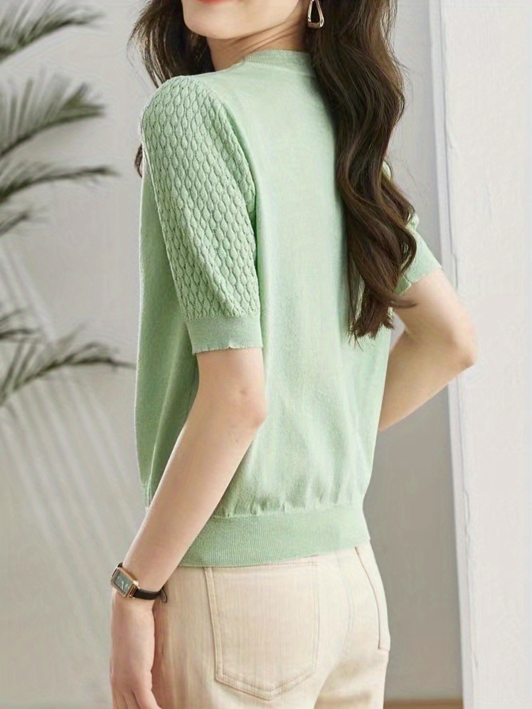 hollow out knit cardigan elegant solid crew neck short sleeve sweater womens clothing details 4