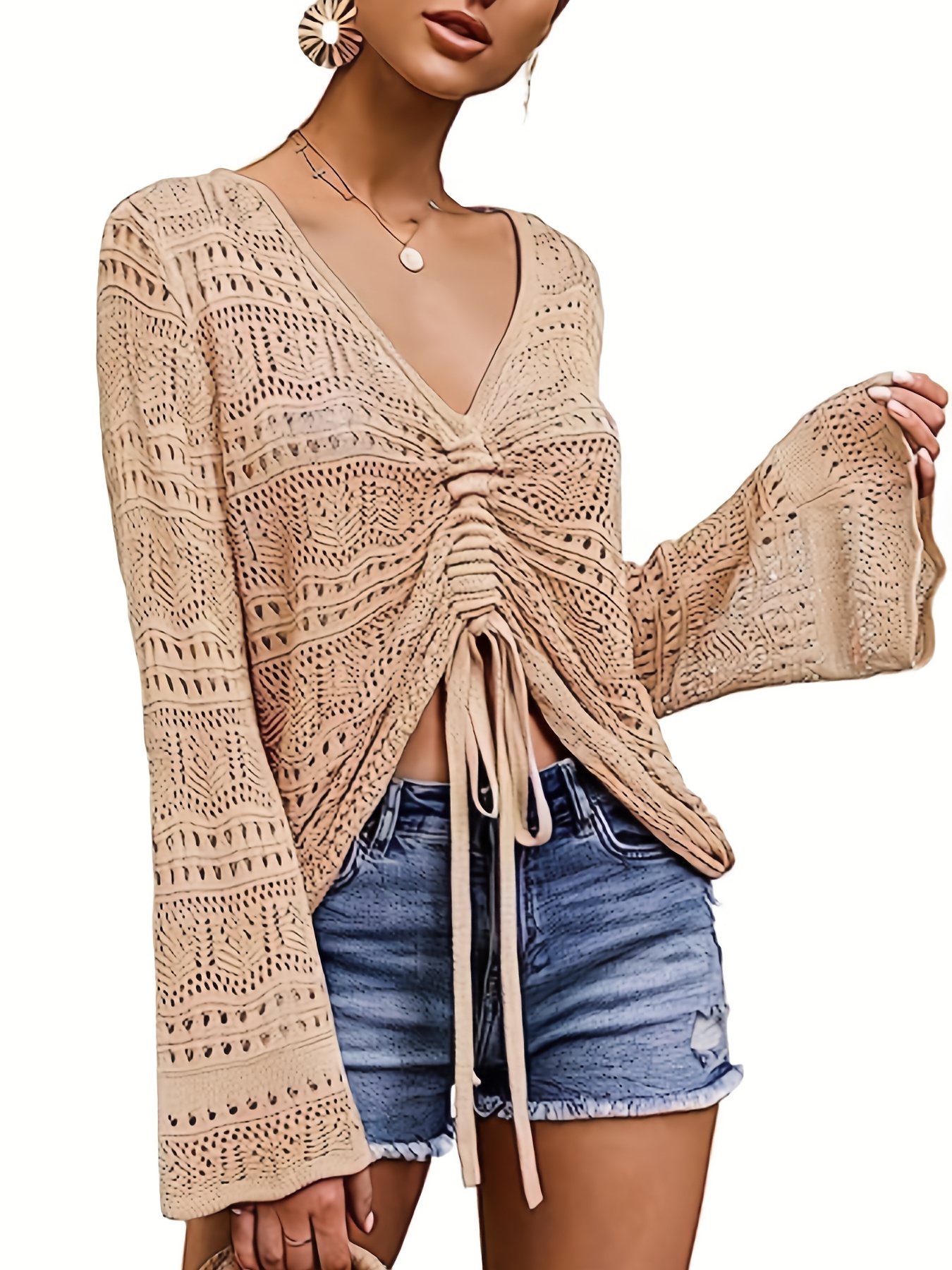 solid flared sleeve knit sweater boho v neck drawstring sweater for spring summer womens clothing details 0