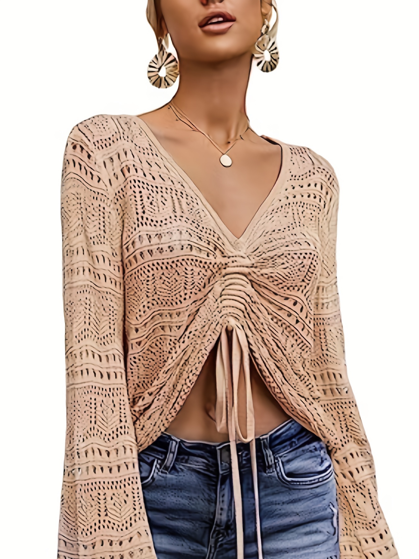 solid flared sleeve knit sweater boho v neck drawstring sweater for spring summer womens clothing details 1