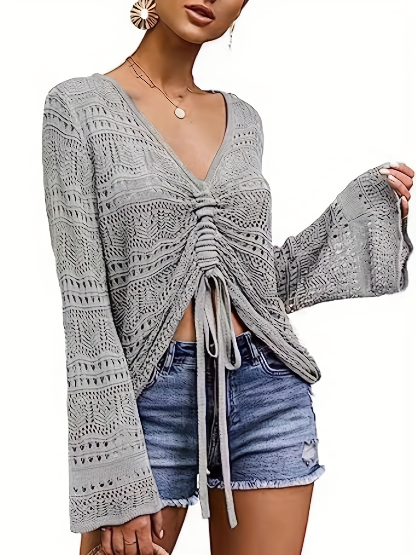solid flared sleeve knit sweater boho v neck drawstring sweater for spring summer womens clothing details 5