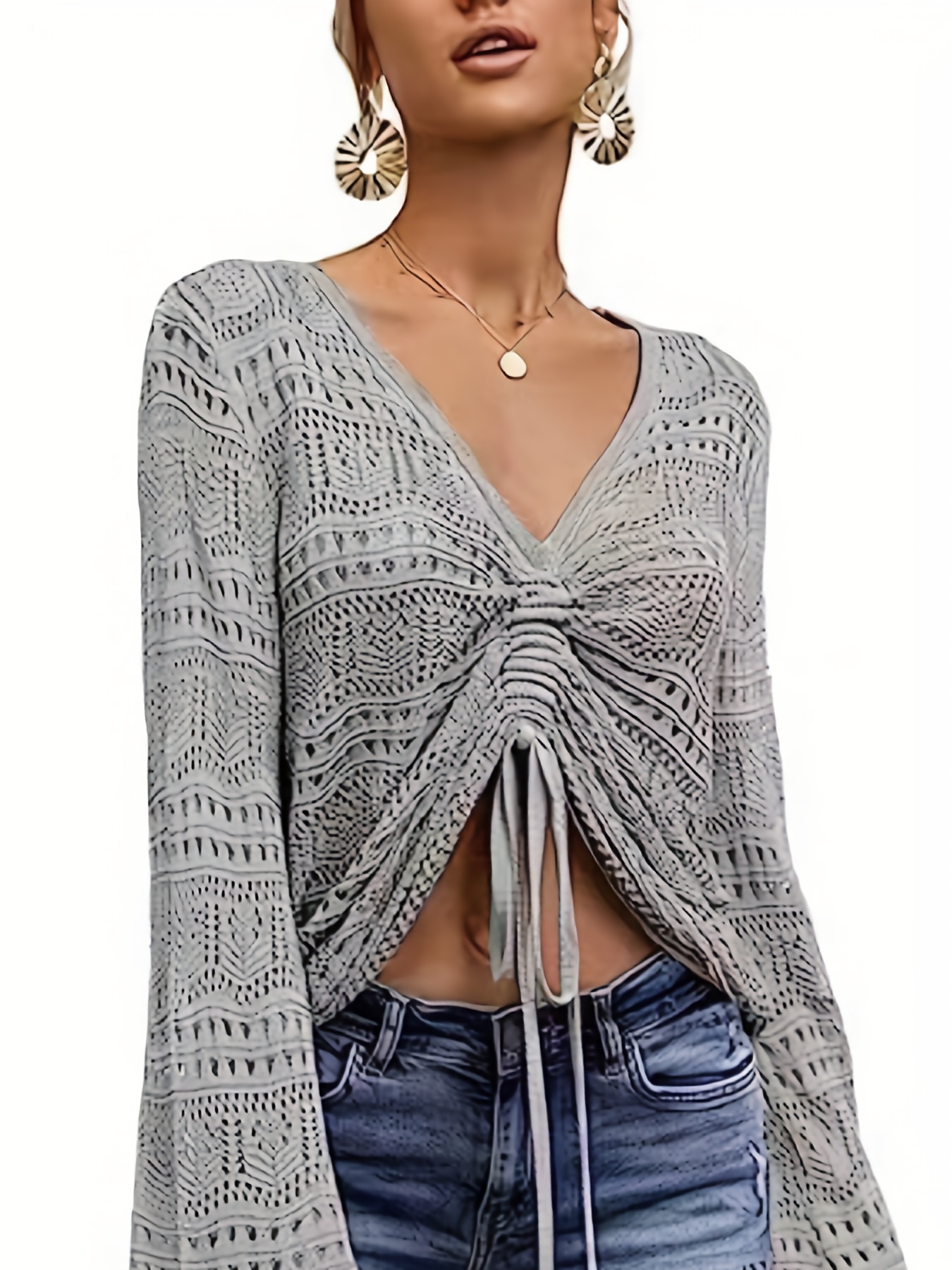 solid flared sleeve knit sweater boho v neck drawstring sweater for spring summer womens clothing details 7