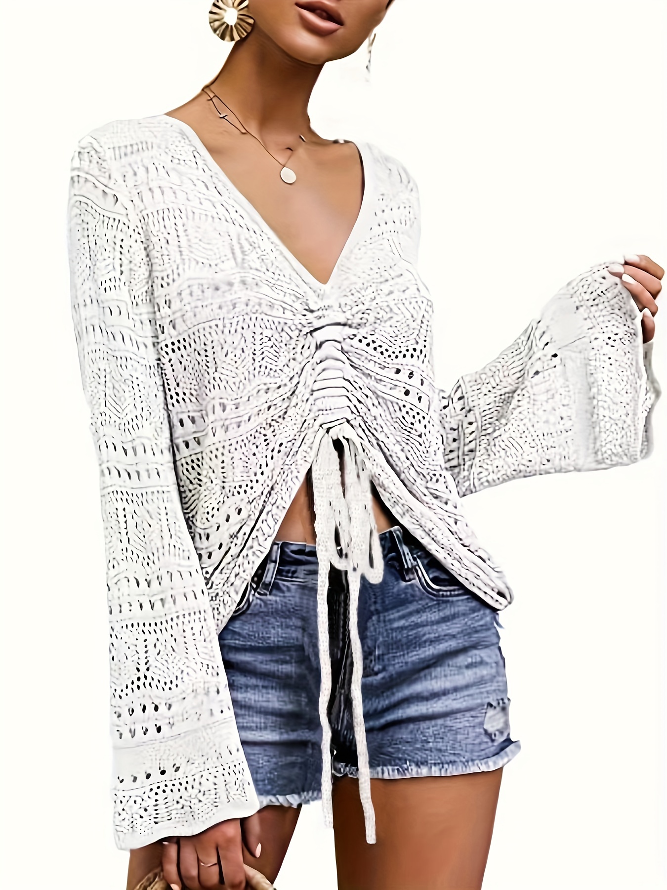 solid flared sleeve knit sweater boho v neck drawstring sweater for spring summer womens clothing details 15