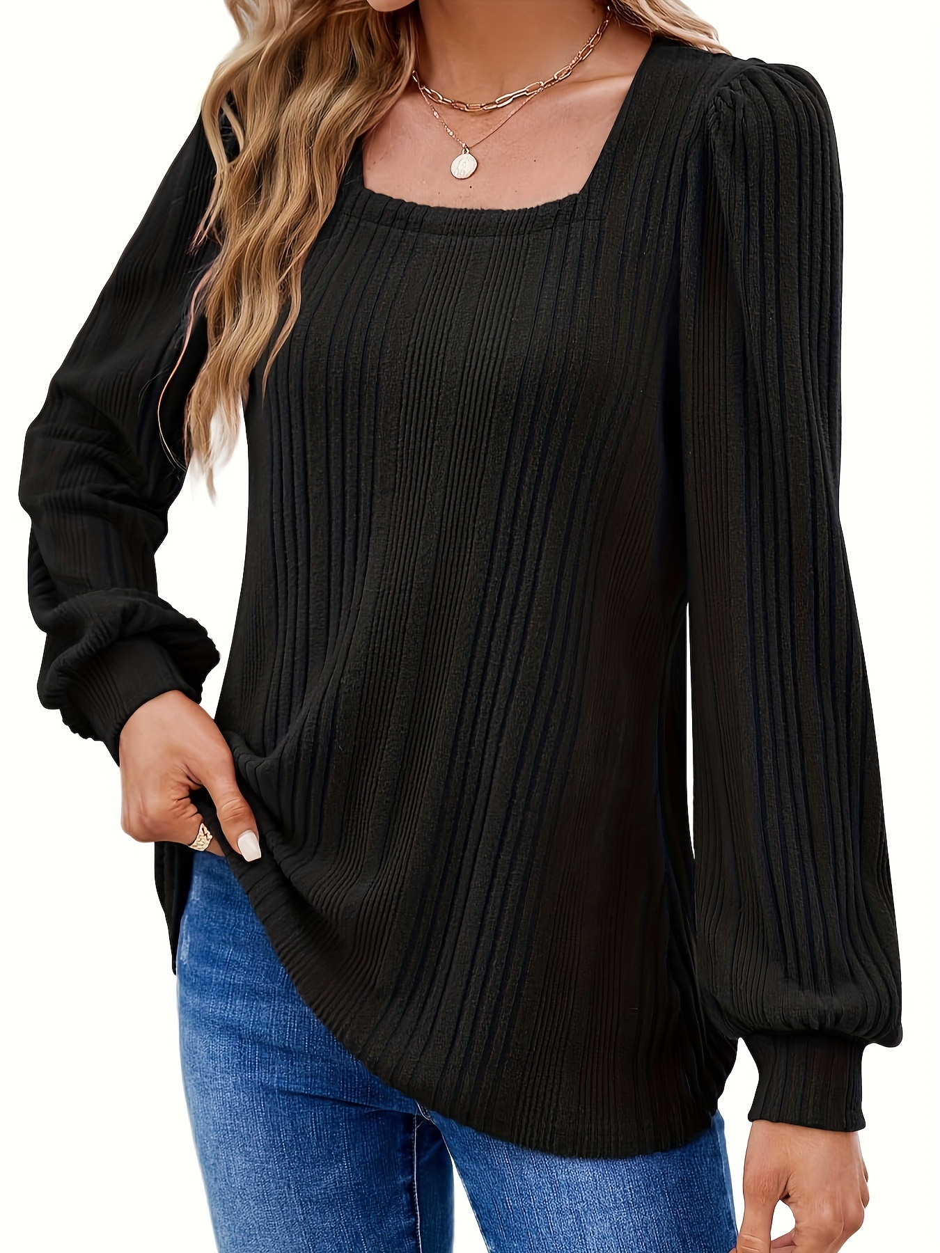 solid square neck rib knit top elegant long sleeve sweater for spring fall womens clothing details 2