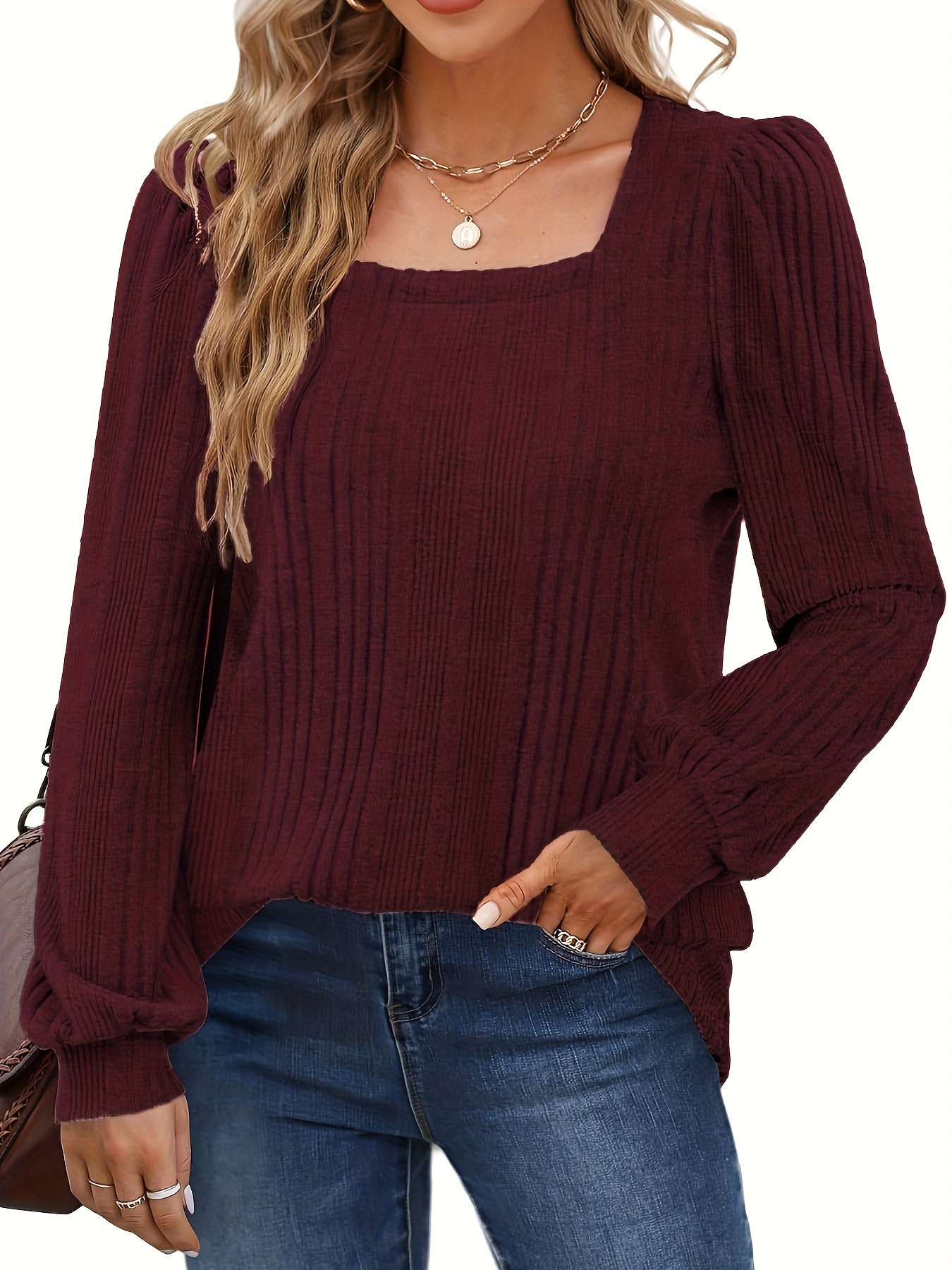 solid square neck rib knit top elegant long sleeve sweater for spring fall womens clothing details 5
