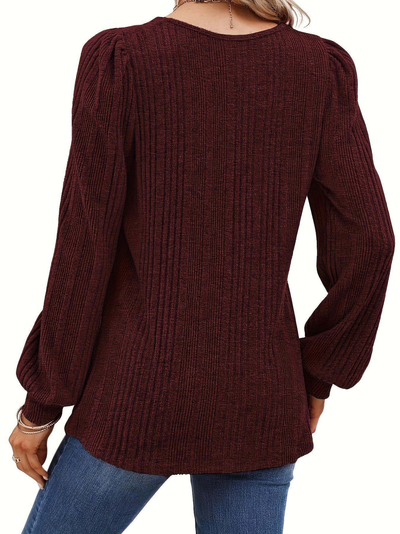 solid square neck rib knit top elegant long sleeve sweater for spring fall womens clothing details 6