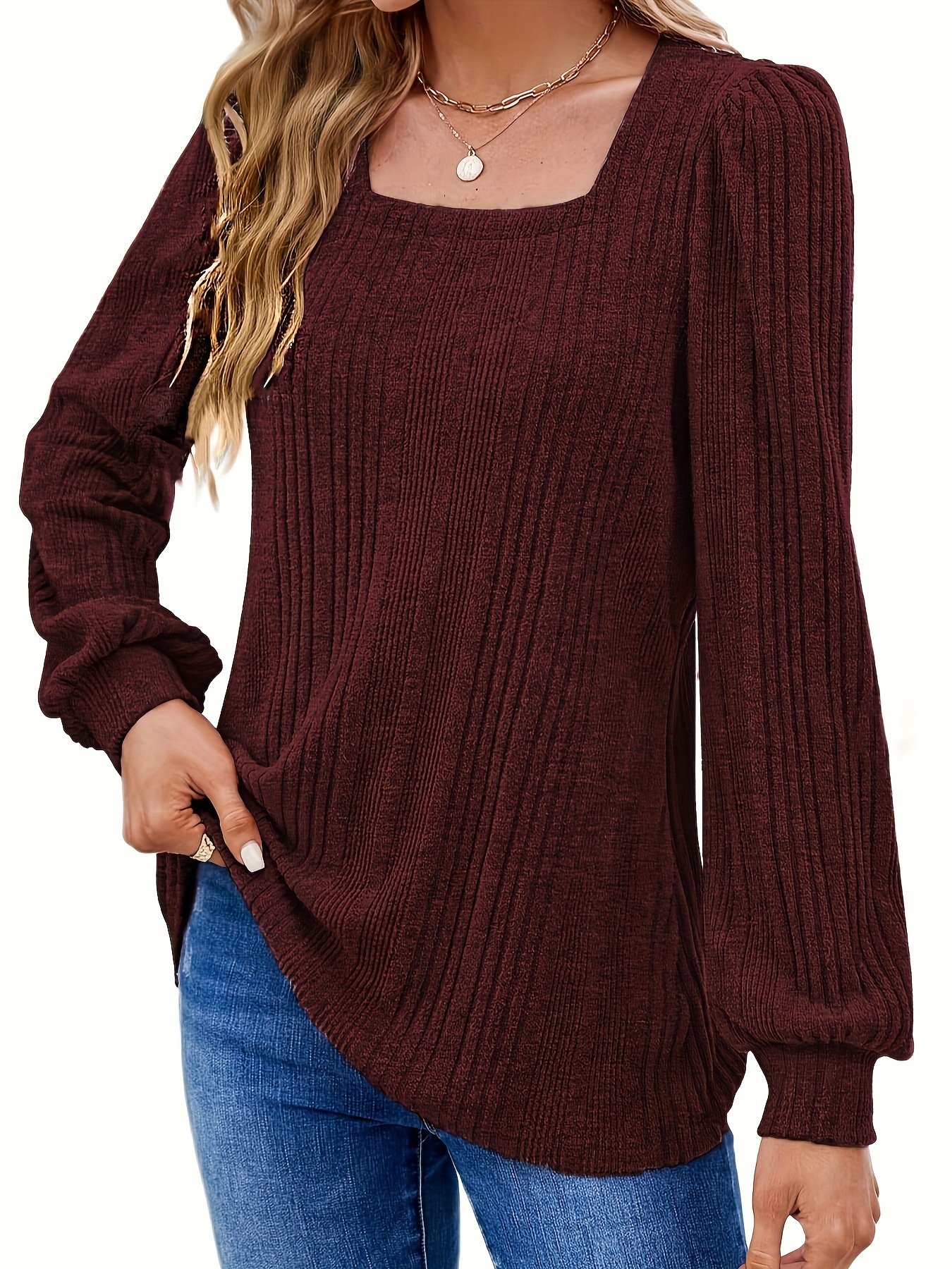 solid square neck rib knit top elegant long sleeve sweater for spring fall womens clothing details 7