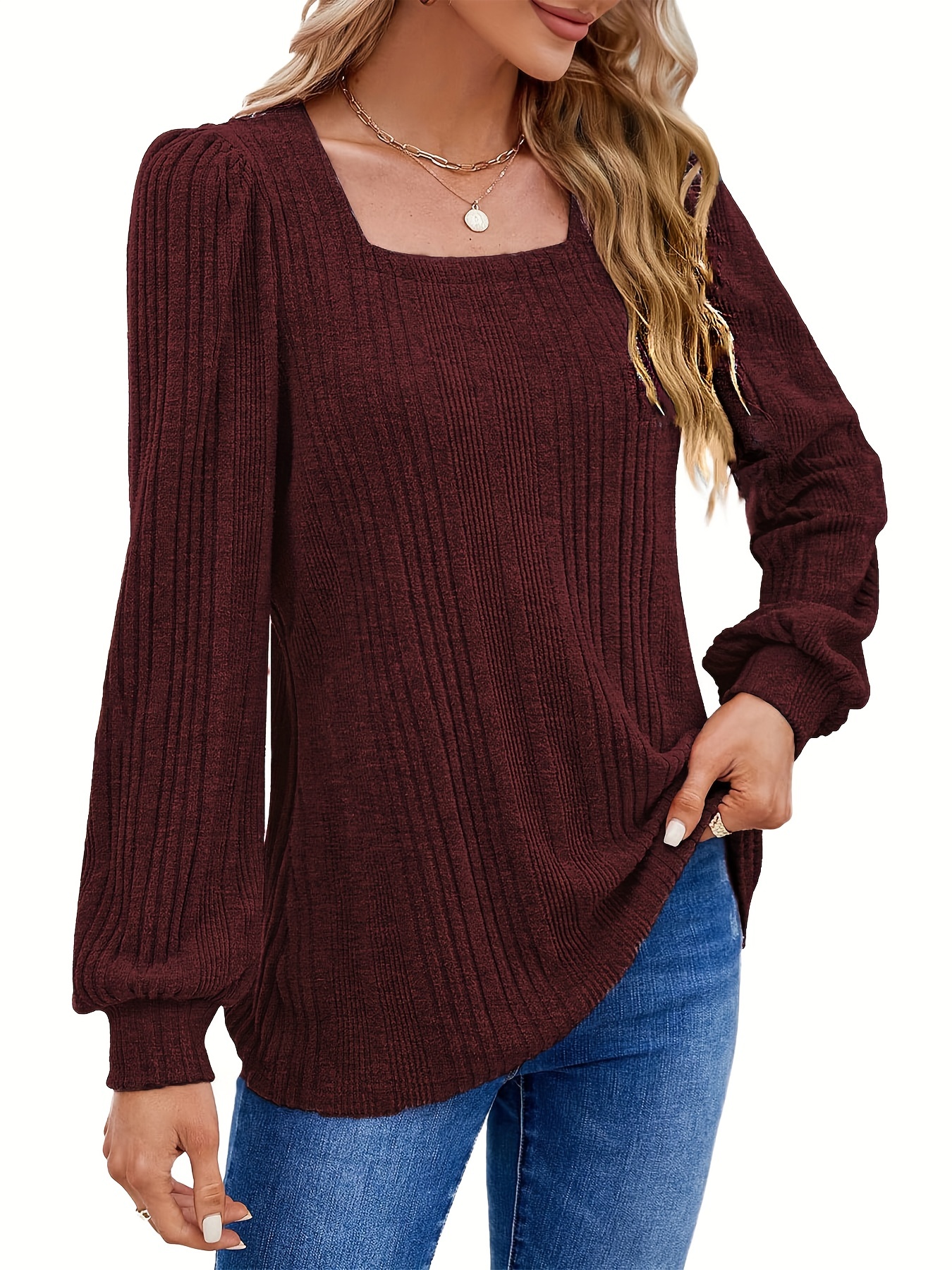 solid square neck rib knit top elegant long sleeve sweater for spring fall womens clothing details 8