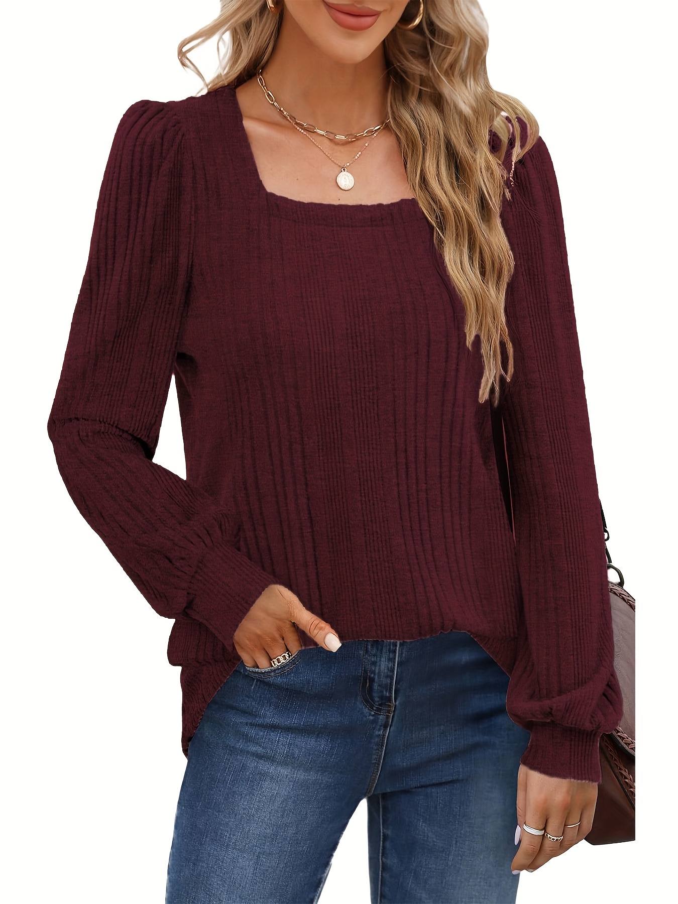 solid square neck rib knit top elegant long sleeve sweater for spring fall womens clothing details 9
