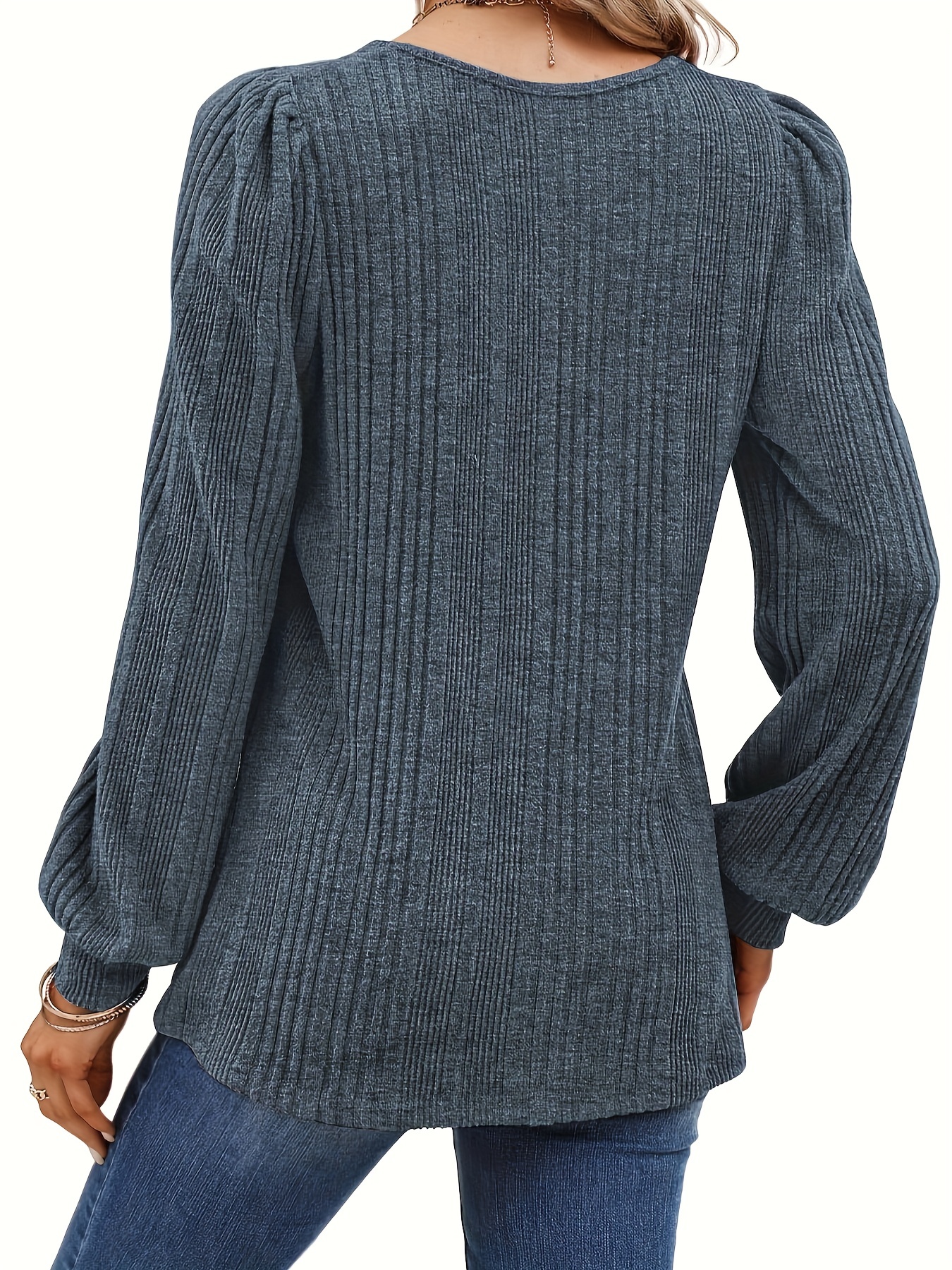 solid square neck rib knit top elegant long sleeve sweater for spring fall womens clothing details 11