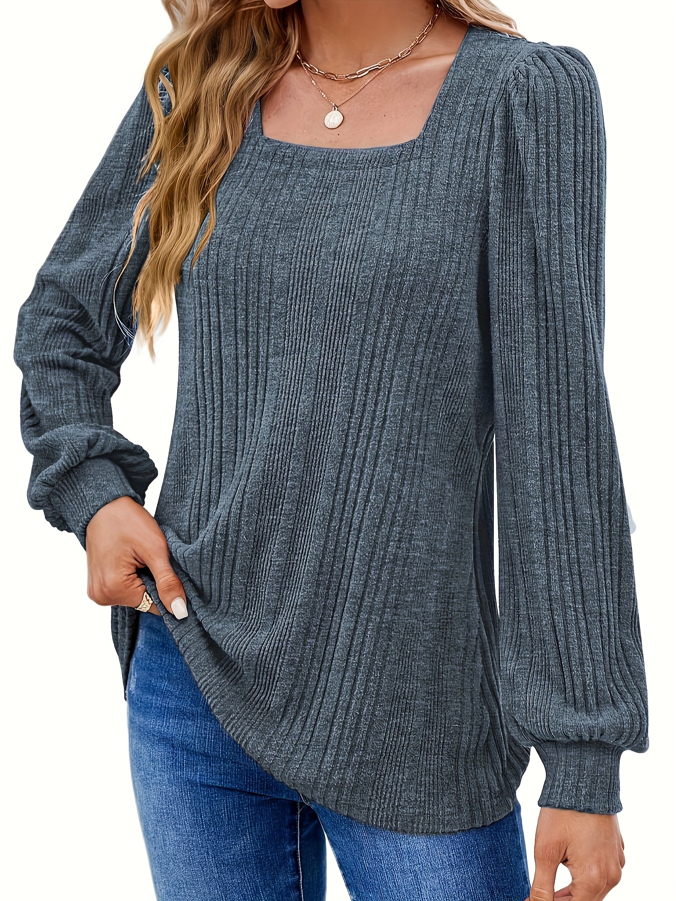 solid square neck rib knit top elegant long sleeve sweater for spring fall womens clothing details 12