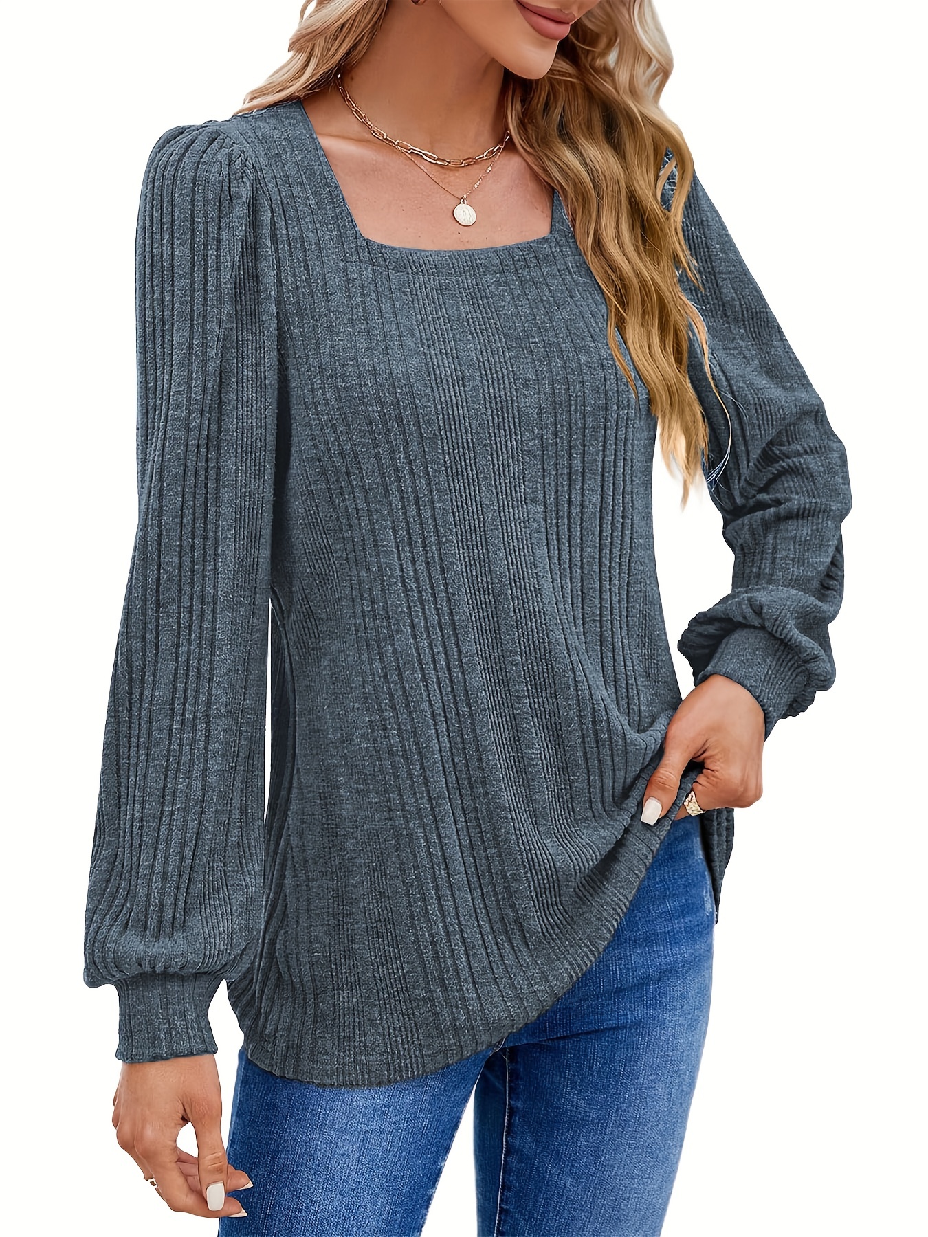 solid square neck rib knit top elegant long sleeve sweater for spring fall womens clothing details 13