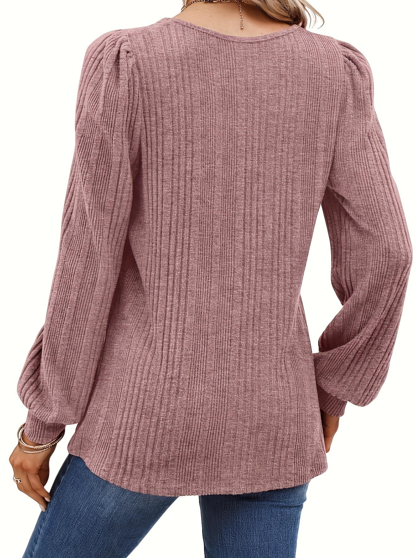solid square neck rib knit top elegant long sleeve sweater for spring fall womens clothing details 17