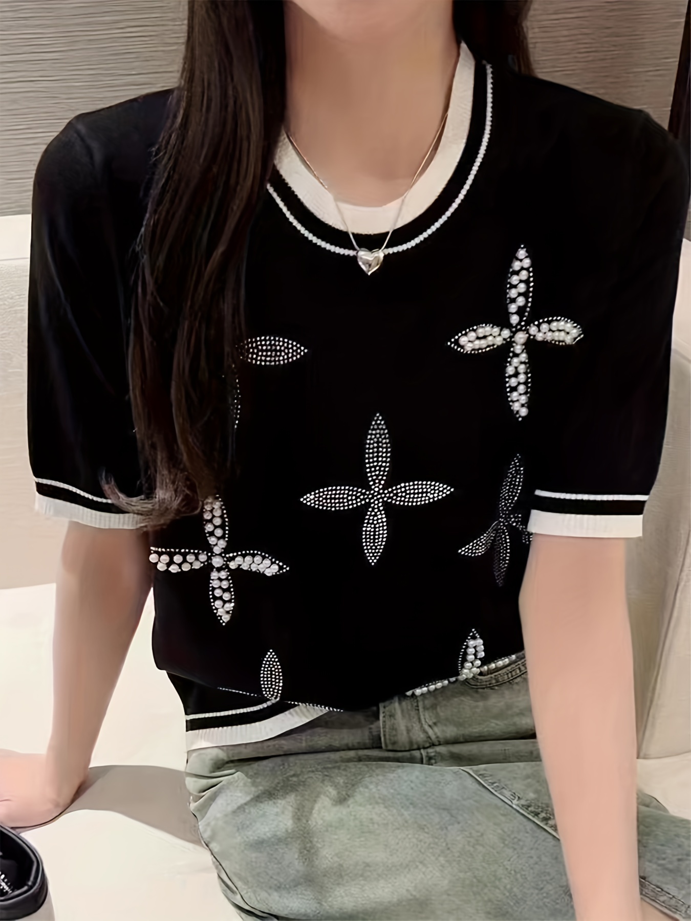 beaded rhinestone crew neck knitted top casual short sleeve sweater for spring summer womens clothing details 0