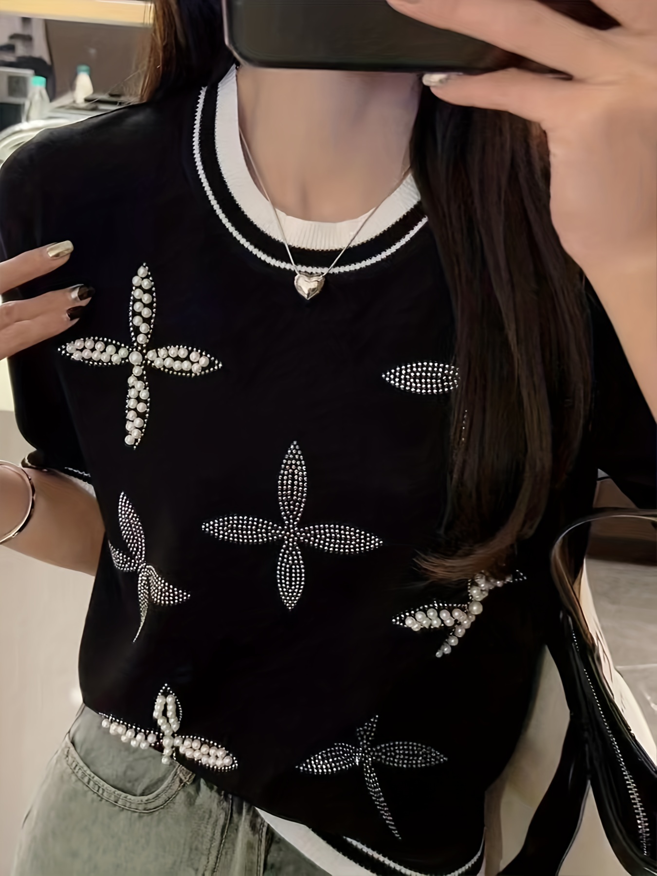 beaded rhinestone crew neck knitted top casual short sleeve sweater for spring summer womens clothing details 1